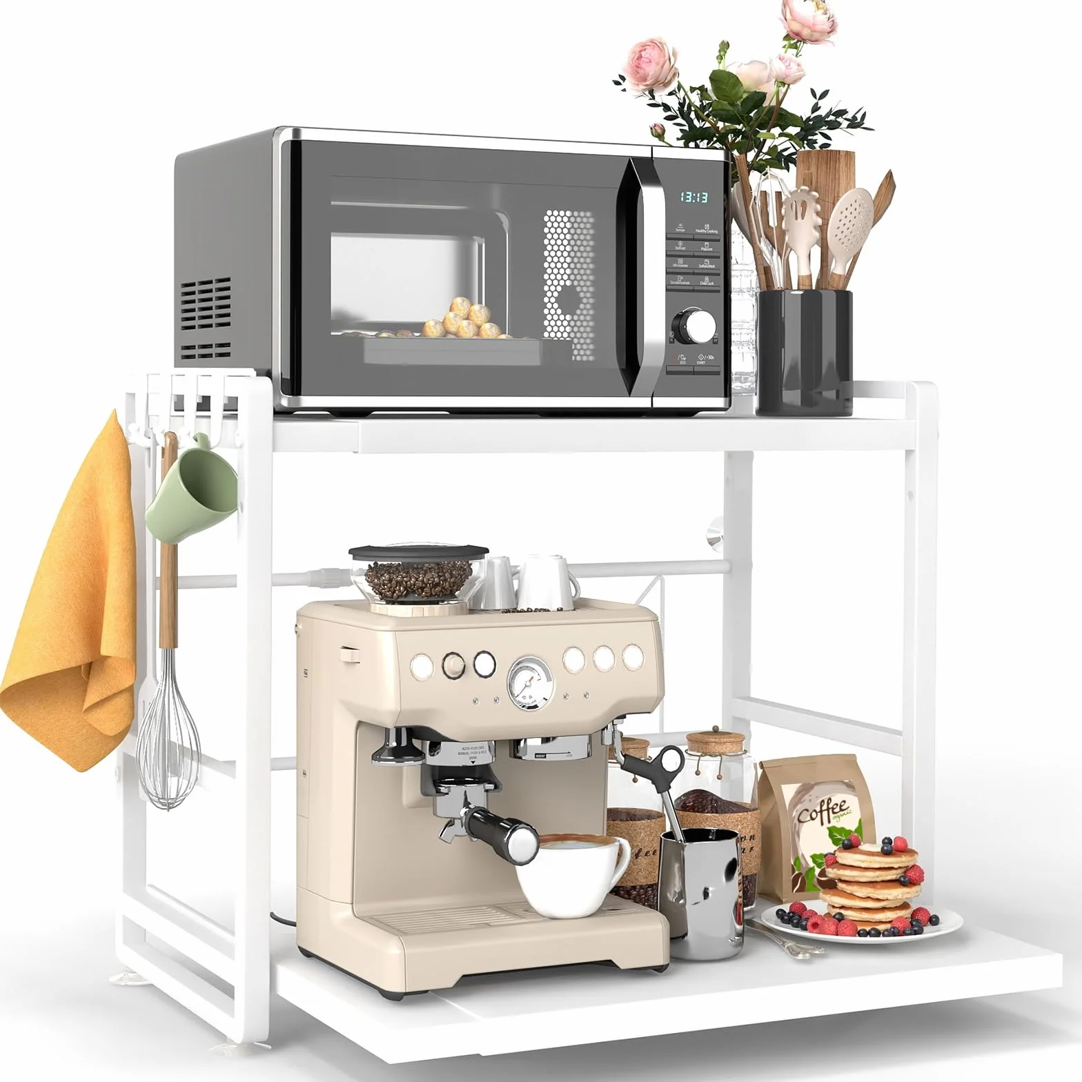 Estante de cocina con 2 niveles, altura ajustable y estante extensible con cajón, acero al carbono, ganchos y ventosas de refuerzo, fácil montaje, color blanco