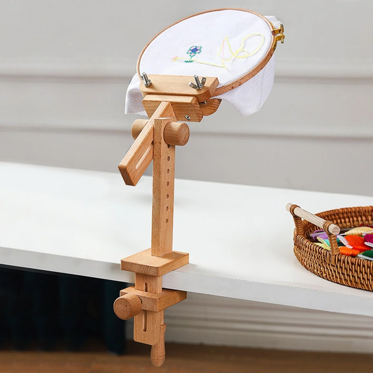 minkissy Bastidor de Bordado de Madera para Punto de Cruz Rotación 360 Grados y Espaciamiento Ajustable para Manualidades DIY