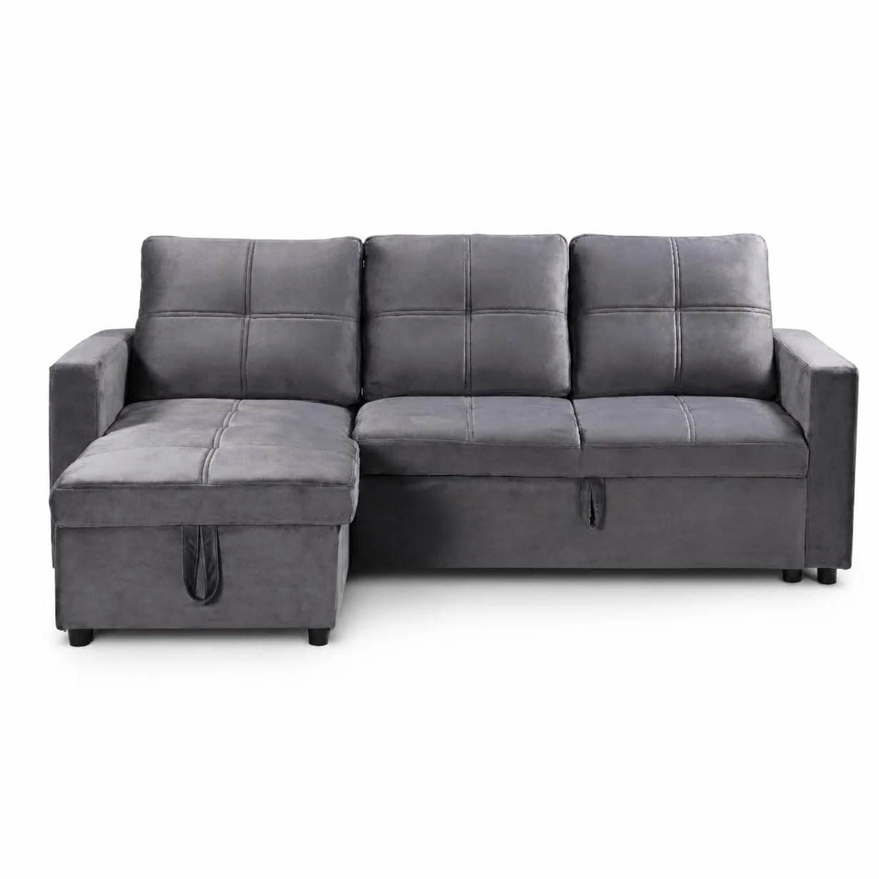 Sofá Cama Chaise Longue BOGA 3 Plazas Gris Terciopelo 215 x 135 cm - Cheslong Reversible con Arcón y Almacenamiento - Sistema de Arrastre - Tapizado Suave - Armazón Pino Macizo - Salón