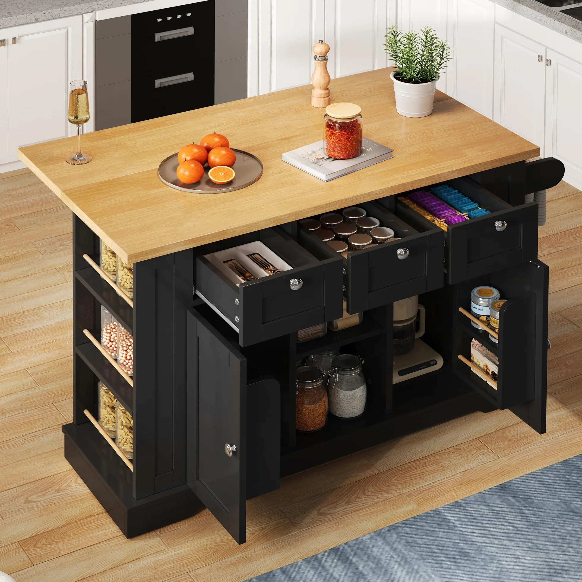 Isla De Cocina con Encimera Cocina Plegable y Enchufe de Carga, Armario con Cajones y Puerta, Muebles de Salon con Almacenamiento Abiertos, Mueble Auxiliar para Comedor, 132x87x70 cm (Negro)