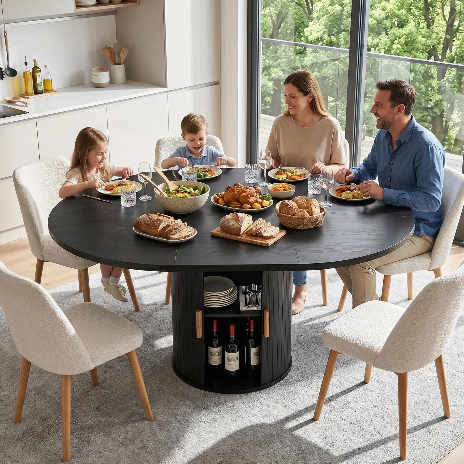 Mesa de comedor redonda extensible - de redonda a ovalada | Mesa de comedor moderna con base cilíndrica, mesa de cocina de madera para 4-6 personas, color negro (solo mesa)