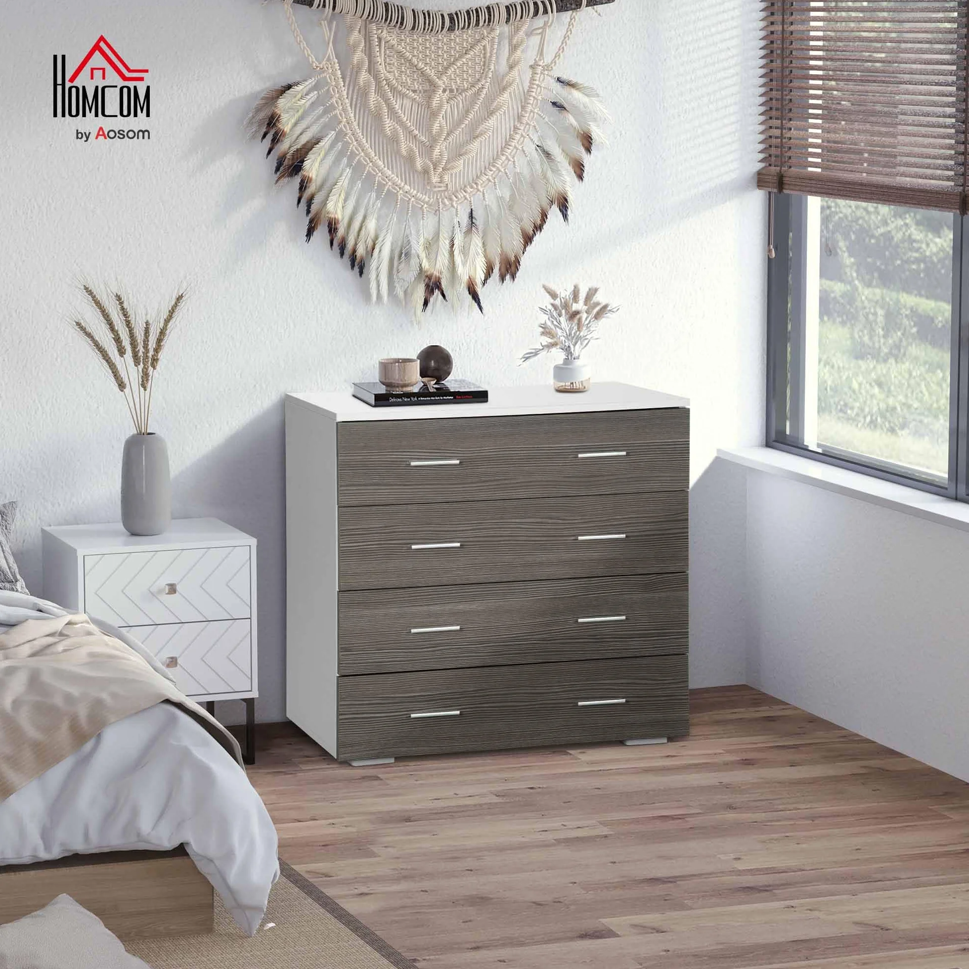 HOMCOM Cómoda 4 Cajones, Cómoda Dormitorio, Cajonera para Salón, Oficina, Pasillo, Estilo Moderno, 76x35x72 cm, Gris Veteado y Blanco