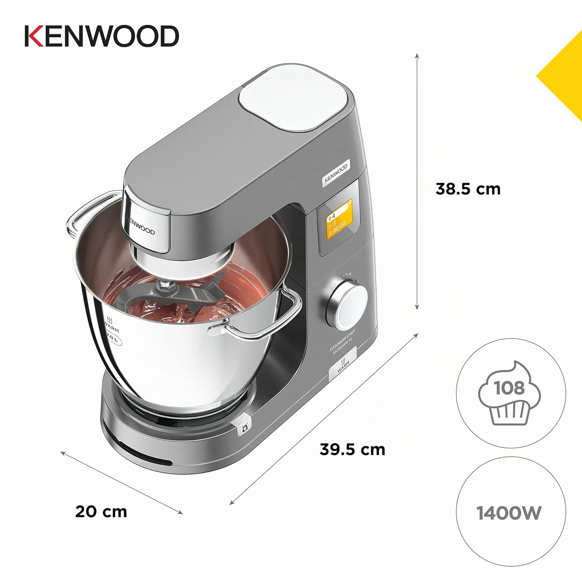 Kenwood Titanium Chef Pattissier - Robot de Cocina (1400 de potencia, bol de 7 litros y batidora de vaso de cristal incluidos, 4 herramientas, pantalla tactil), Color Plata
