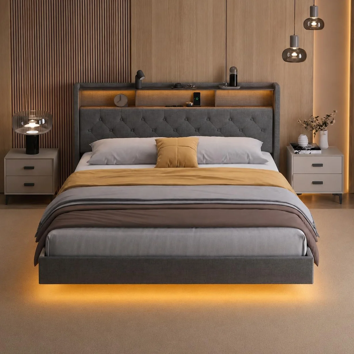 Xbro Camas Tapizada Matrimoniales 160x200 cm con Iluminación LED y Estación de Carga (USB/Enchufe), Aspecto Flotante, Cabecero Acolchado con Espacio de Almacenamiento, Somier, Gris Oscuro(Sin Colchón)