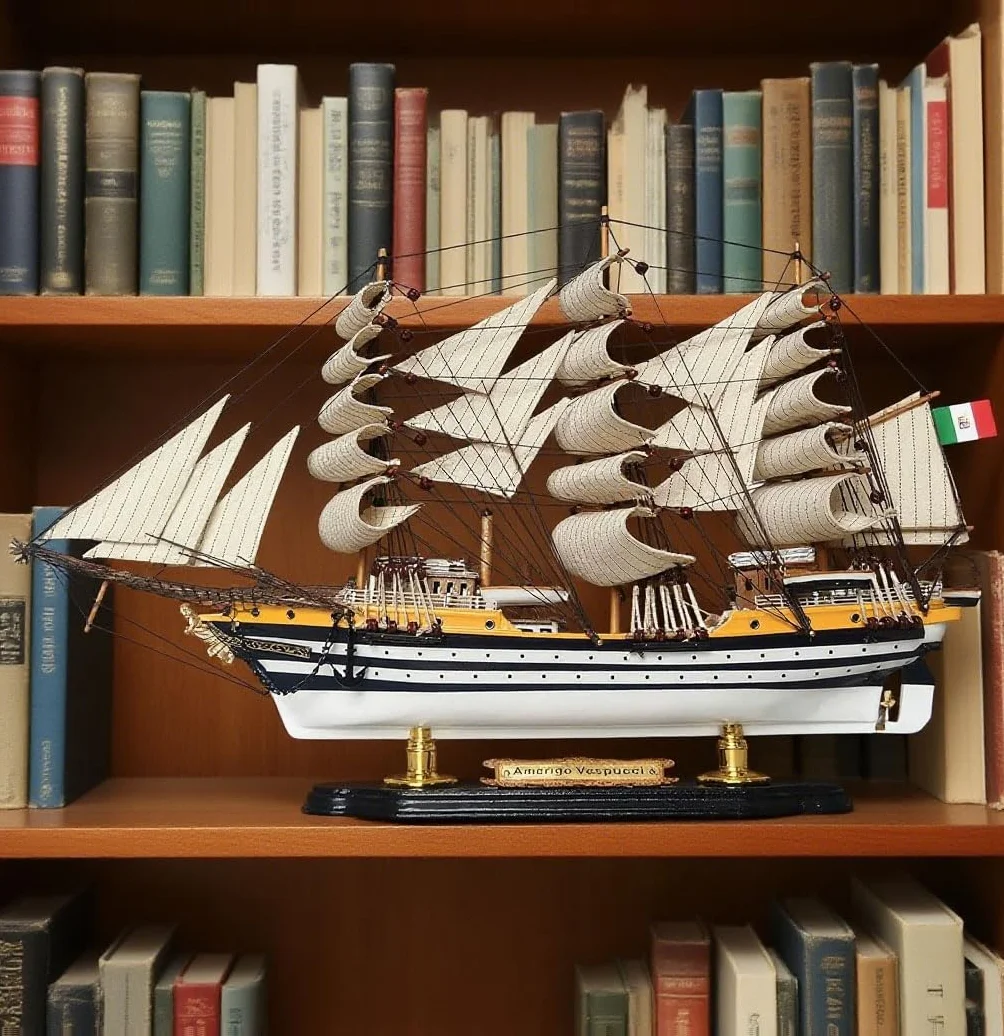 YLME Maqueta de barco de madera Amerigo Vespucci Maqueta de velero de madera maciza Velero de madera Adornos náuticos de madera Colección para el hogar Para regalar,52CM