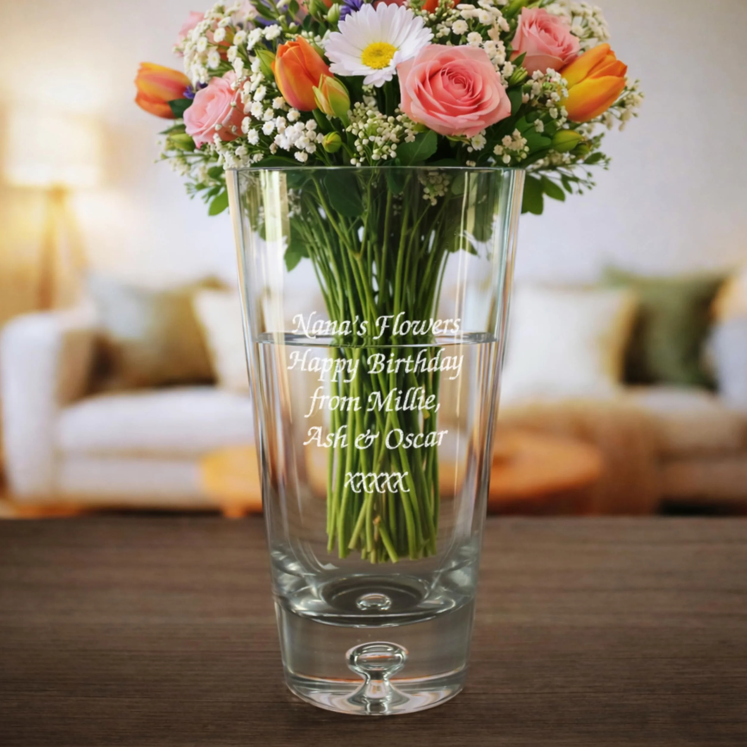 Jarrón cónico con base de burbujas grabado personalizado de 18 cm, personalizable con cualquier nombre o mensaje, caja de regalo incluida, grabado con láser, recuerdo a medida para boda, cumpleaños