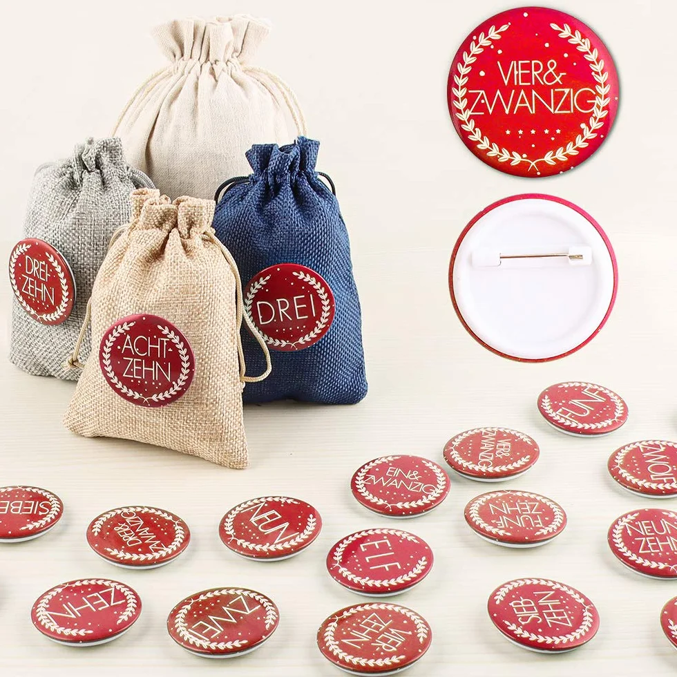 Calendario Adviento Saquitos, 24 Bolsas de Lino Calendario de Adviento, Bolsas de Dulces con 24 Insignias Digitales, Bolsas de Regalo de Bodas para Decorar el Calendario de Adviento en Casa (roja)