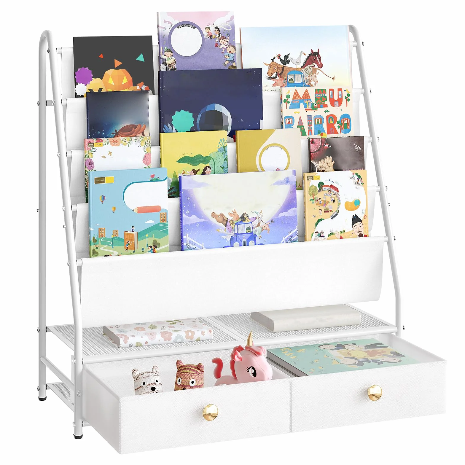 MAHANCRIS Estantería Infantil, Estantería de 4 Estantes, Estantería con 2 Cajones de Tela, Mueble para Juguetes, para Habitación Infantil, Salón, Estudio, Blanco ABKBW7401