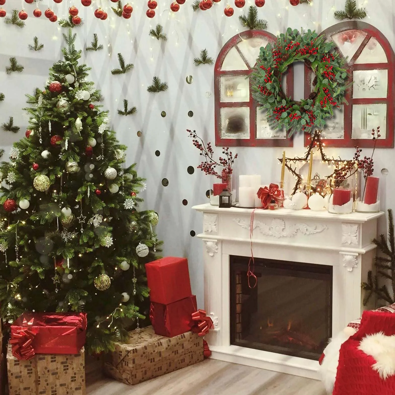Betylifoy Corona de Navidad Grande de 60 cm, Guirnalda Navideña para Puerta Delantera Corona Navideña con Bayas Conos de Pino para Decoraciones Navideñas para Chimenea en el Hogar