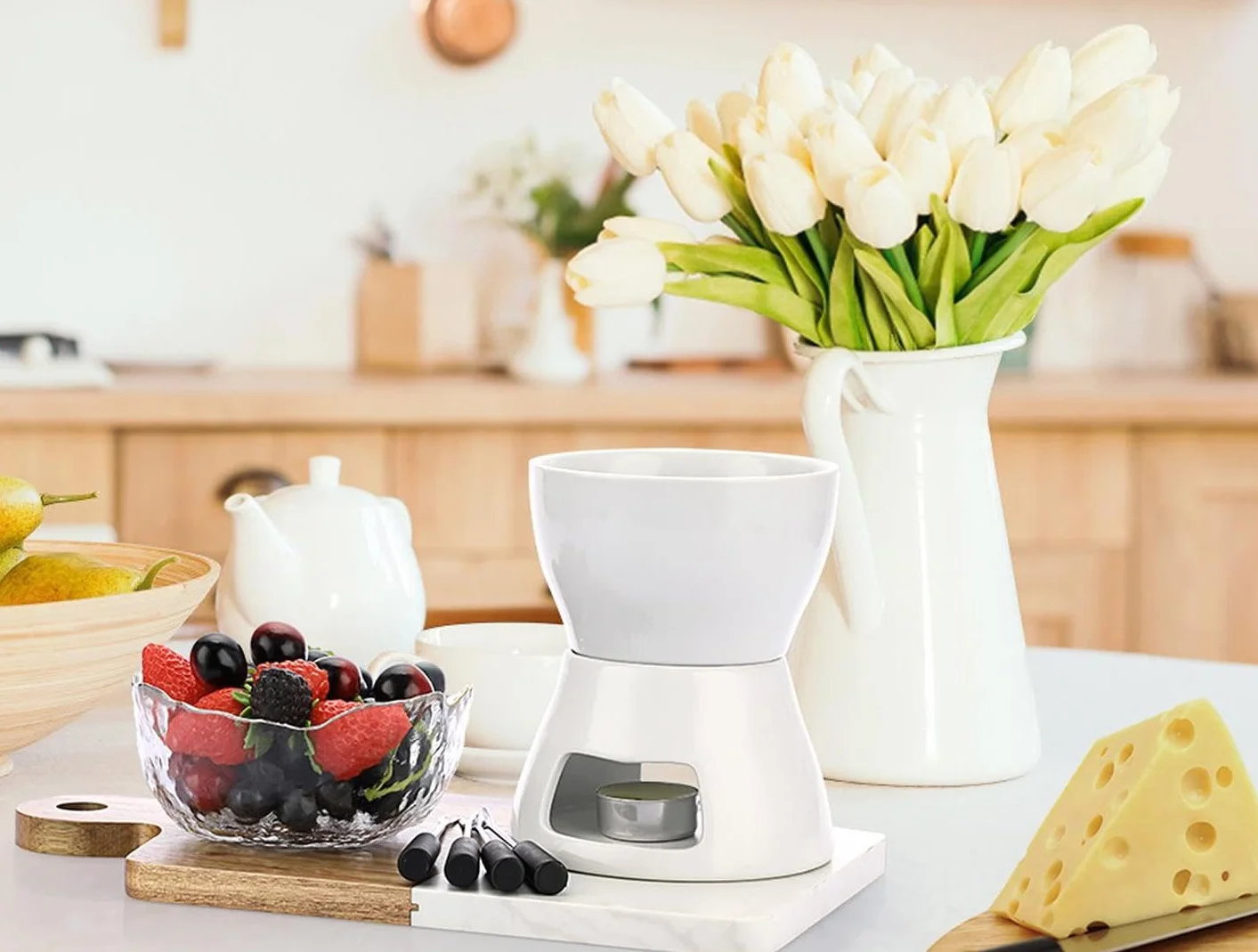 Juego de Fondue de Chocolate 400ML con 4 Tenedores, Cerámica Fundidor de Queso