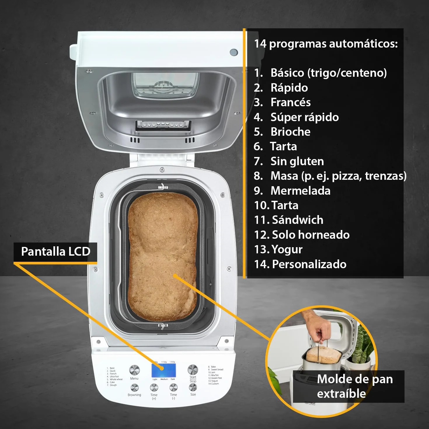 TZS First Austria - Panificadora 850W - Para panes de 900g y 1350g - 14 Programas automáticos - Tostado ajustable, Temporizador y Función mantener caliente