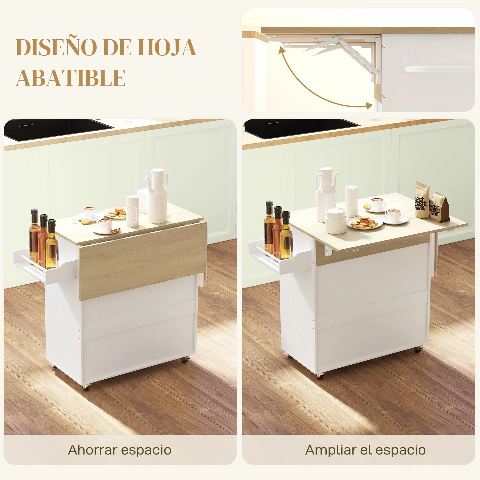 HOMCOM Isla de Cocina con ala Abatible Carrito de Cocina Mueble Auxiliar de Cocina con Ruedas 2 Puertas Cajón Especiero Toallero y Estante Ajustable 106x42x87 cm Blanco y Roble