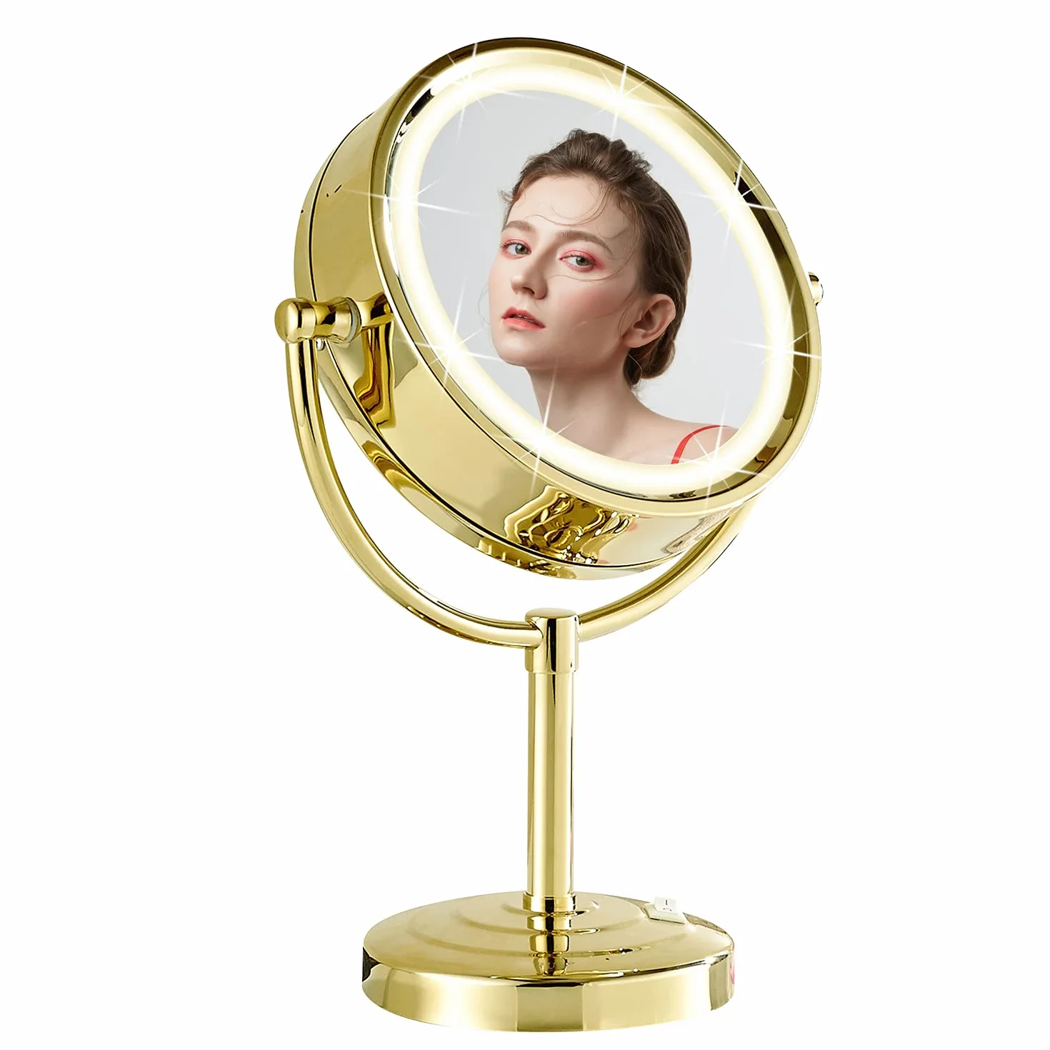 Dowry Espejo Maquillaje con Luz y Aumento 5X Espejo de Mesa Dorado 3 Luces de Colores Espejo de Doble Cara,Diámetro 21.5cm