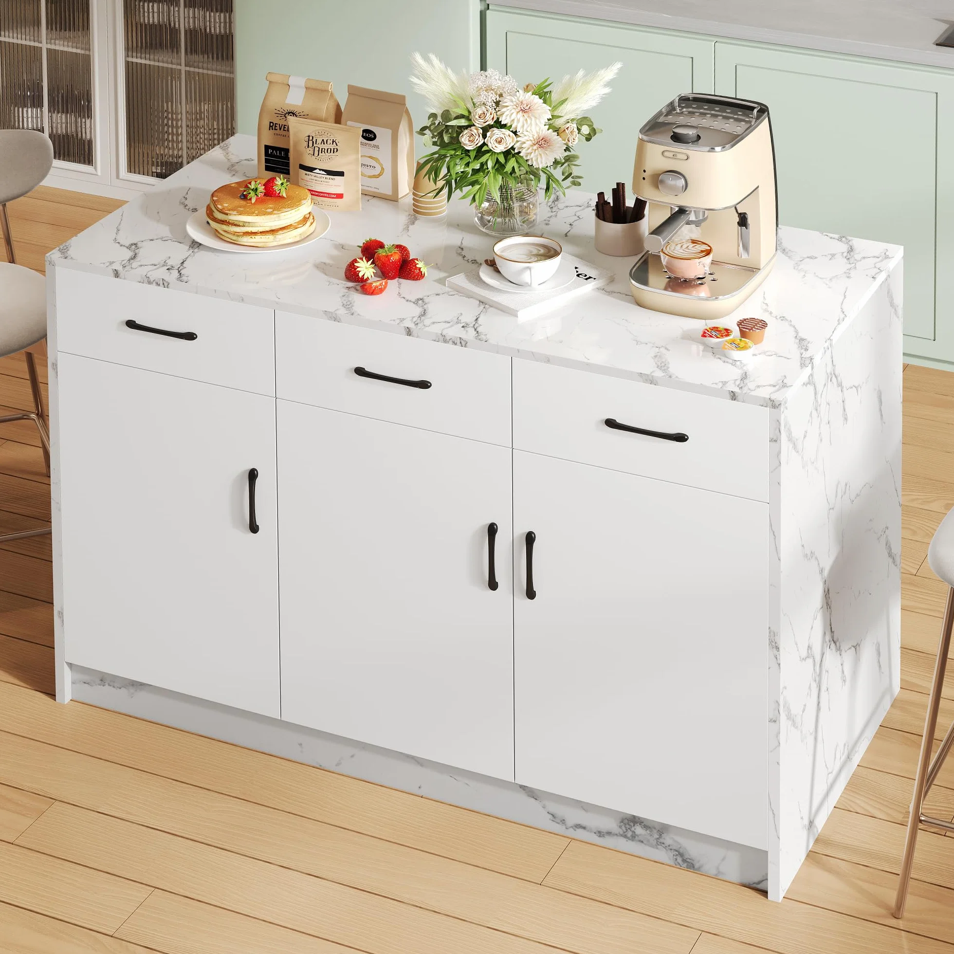 Isla de cocina grande 120 x 60 x 90,5 cm, 3 cajones y 3 puertas, diseño de mármol blanco, estantes ajustables, cajones silenciosos, diseño de área de bar - Utensilios de cocina elegantes y prácticos