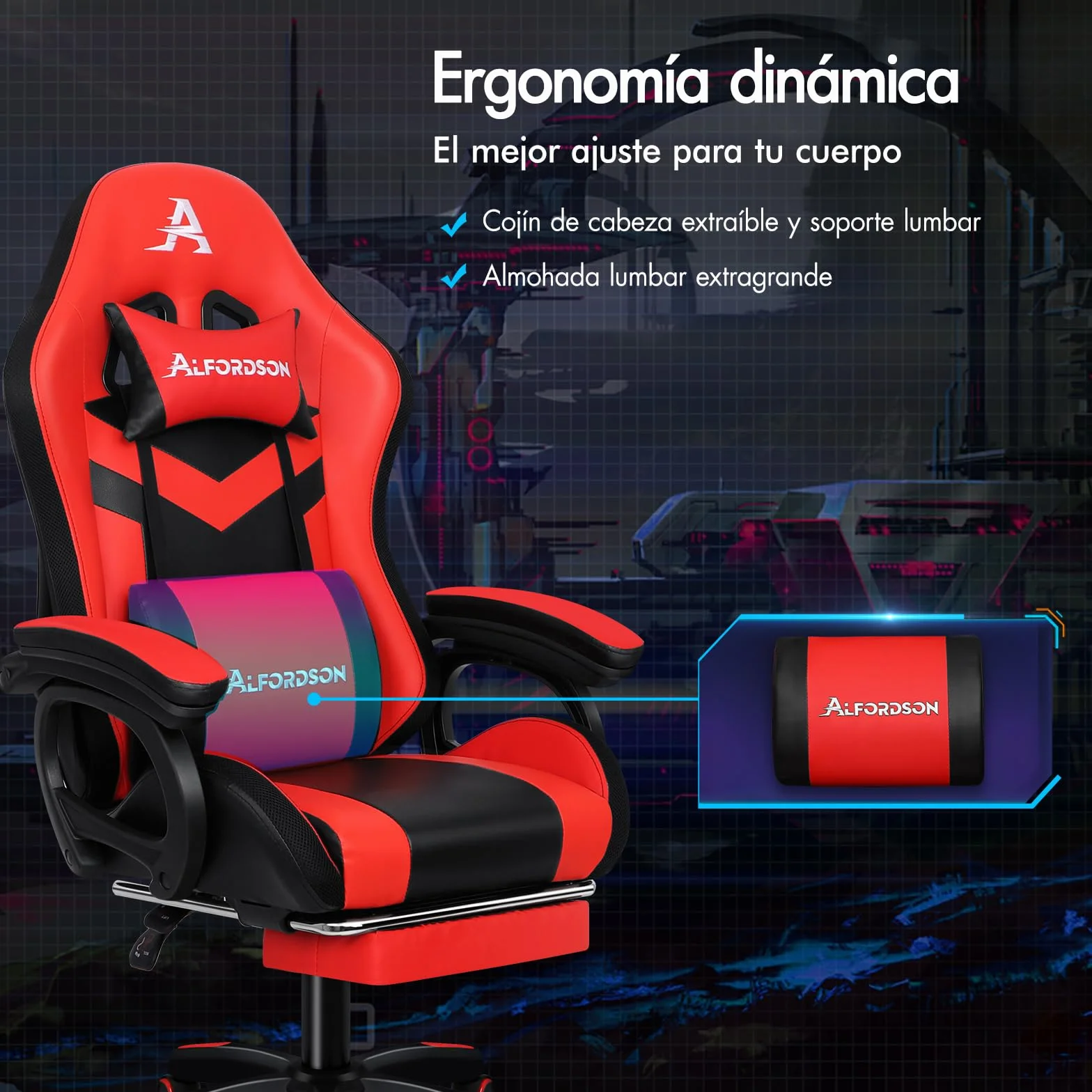 ALFORDSON Silla Gaming con Masaje y LED, Silla Gamer Ergonómica con Cojín Lumbar y Cervical, Reposapiés Telescópico, Iluminación para Ordenador, Videojuego, Juegos, Oficina, Cuero PU(Roja)