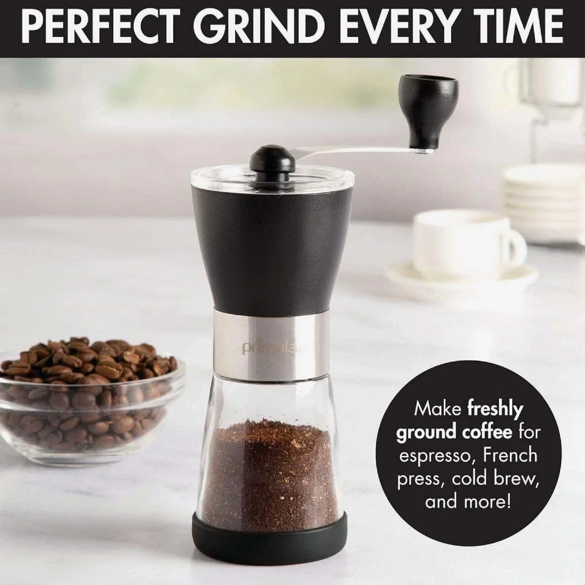 Primula Molinillo de café manual ajustable para fresas, molino de cerámica y cuerpo de acero inoxidable cepillado, grano entero para prensa francesa, cerveza fría, espresso, camping