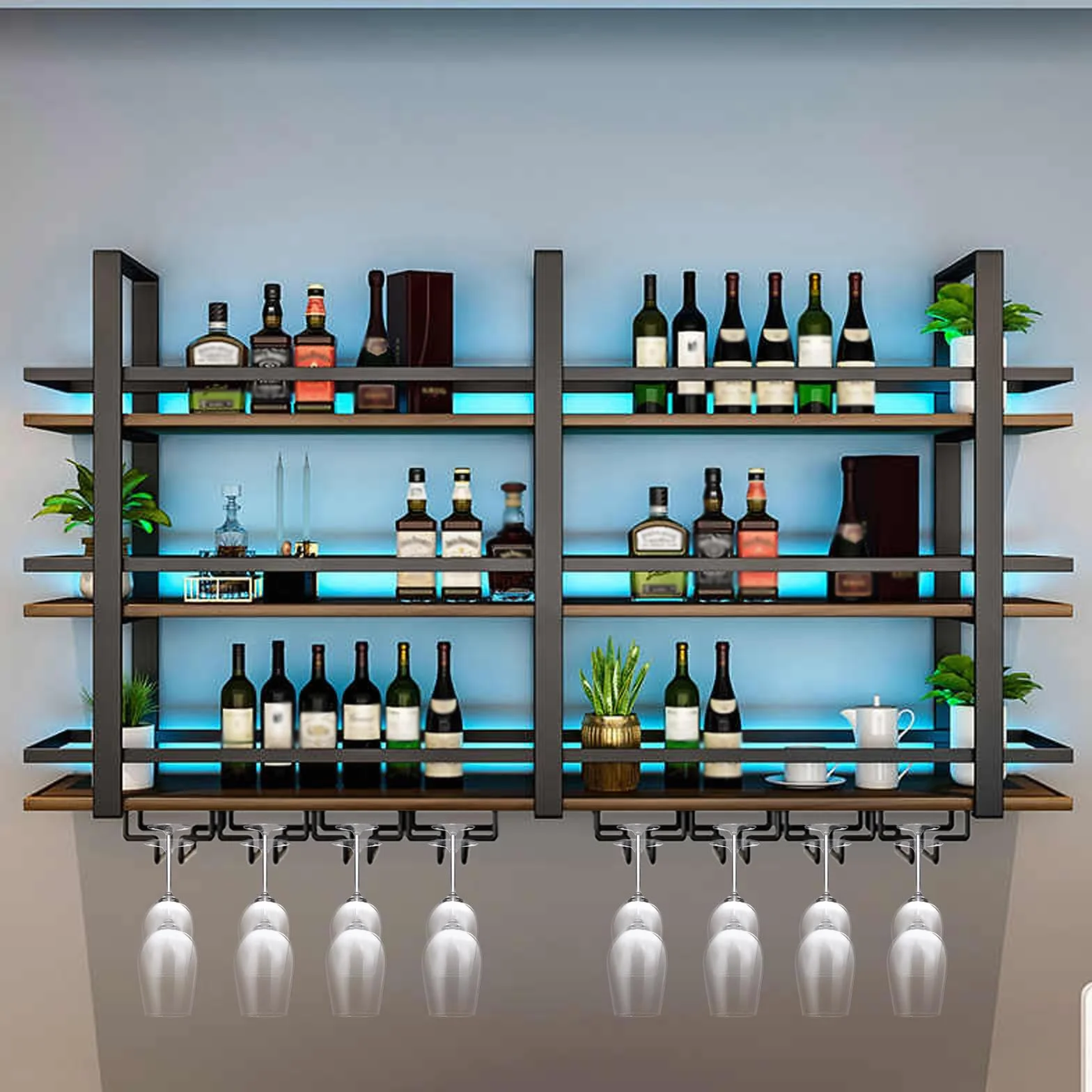 Botellero de Pared con Luz LED, 3 Niveles Estante Flotante Metal y Madera con Soporte Copas, Gran Capacidad Estante Exposición Vino, para Hogar, Restaurante Decoración Bar (Negro, 100cm)