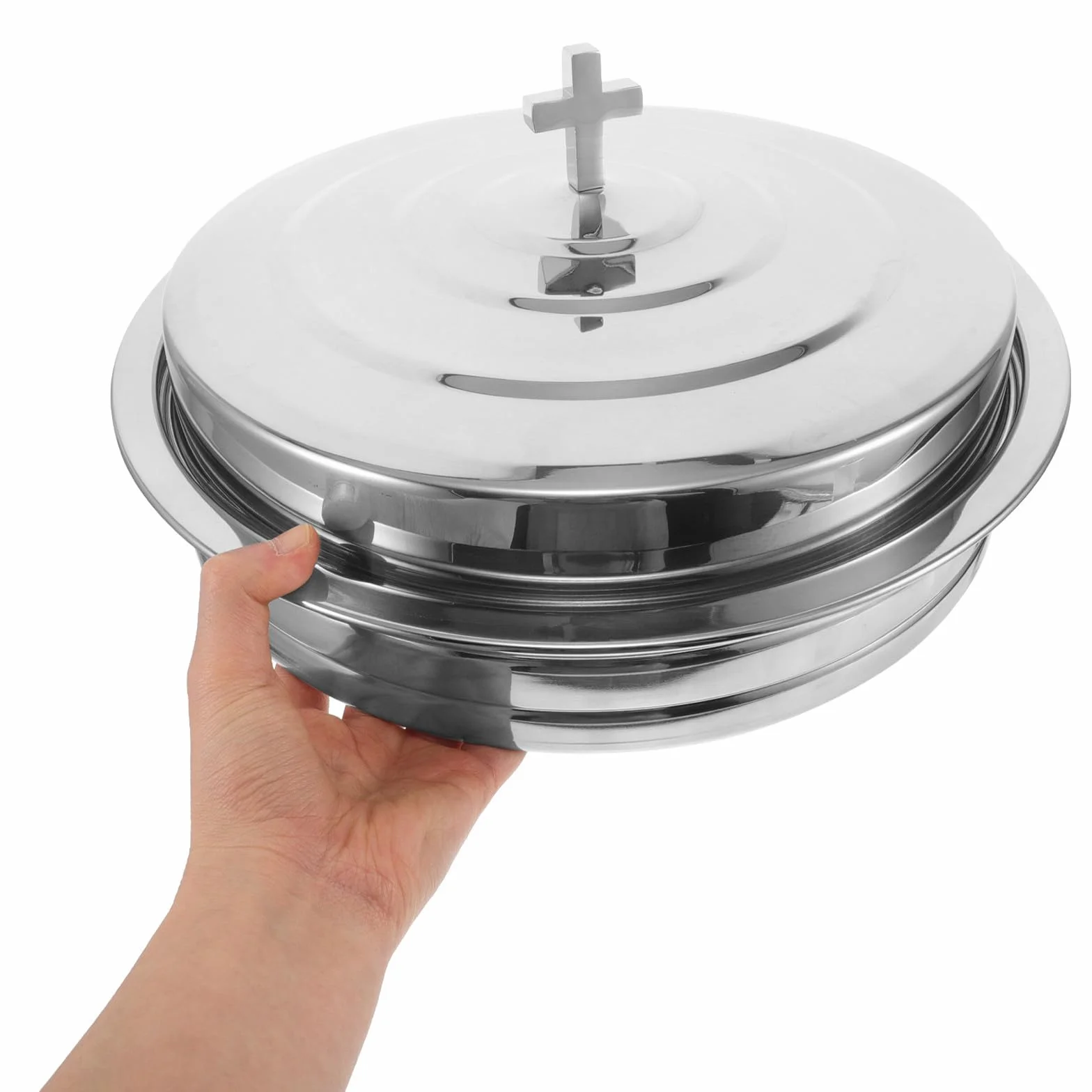 Zerodeko Bandeja de Acero Inoxidable Adecuado para Reuniones Familiares Diseño Apilable y Capacidad Grande, Plato Redondo para Suministros Iglesia para Pan de Comunión