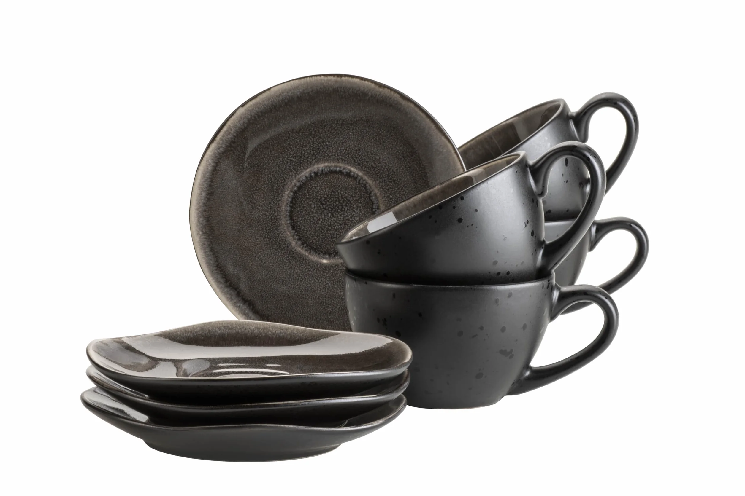 MÄSER 934071 Serie Niara Organic, moderno juego de tazas de café para 4 personas en emocionante aspecto vintage, juego de 8 tazas de café con combinación especial de esmalte en negro y marrón, gres