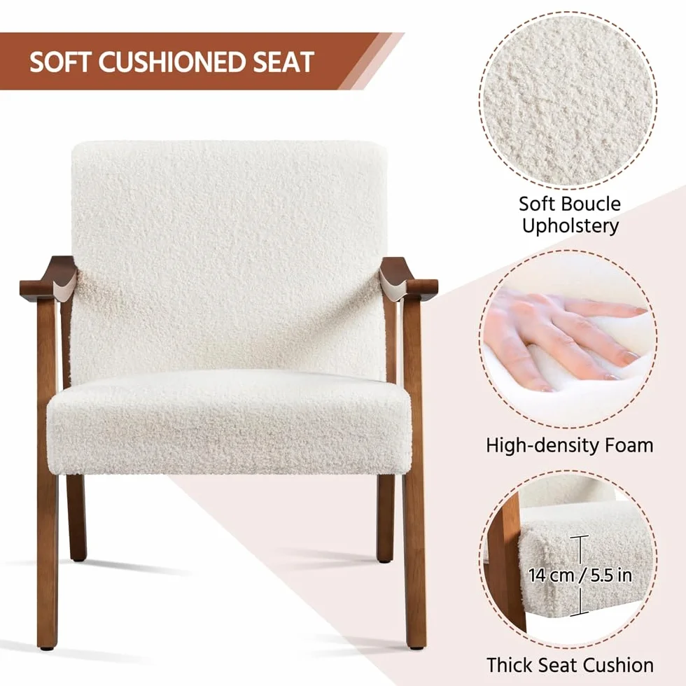 Yaheetech Butaca de Salón Tapizado en Bouclé Sillón Individual con Respaldo Acolchado y Reposabrazos de Madera Maciza Sofá Individual Ergonómico Soporte 136 kg Blanco