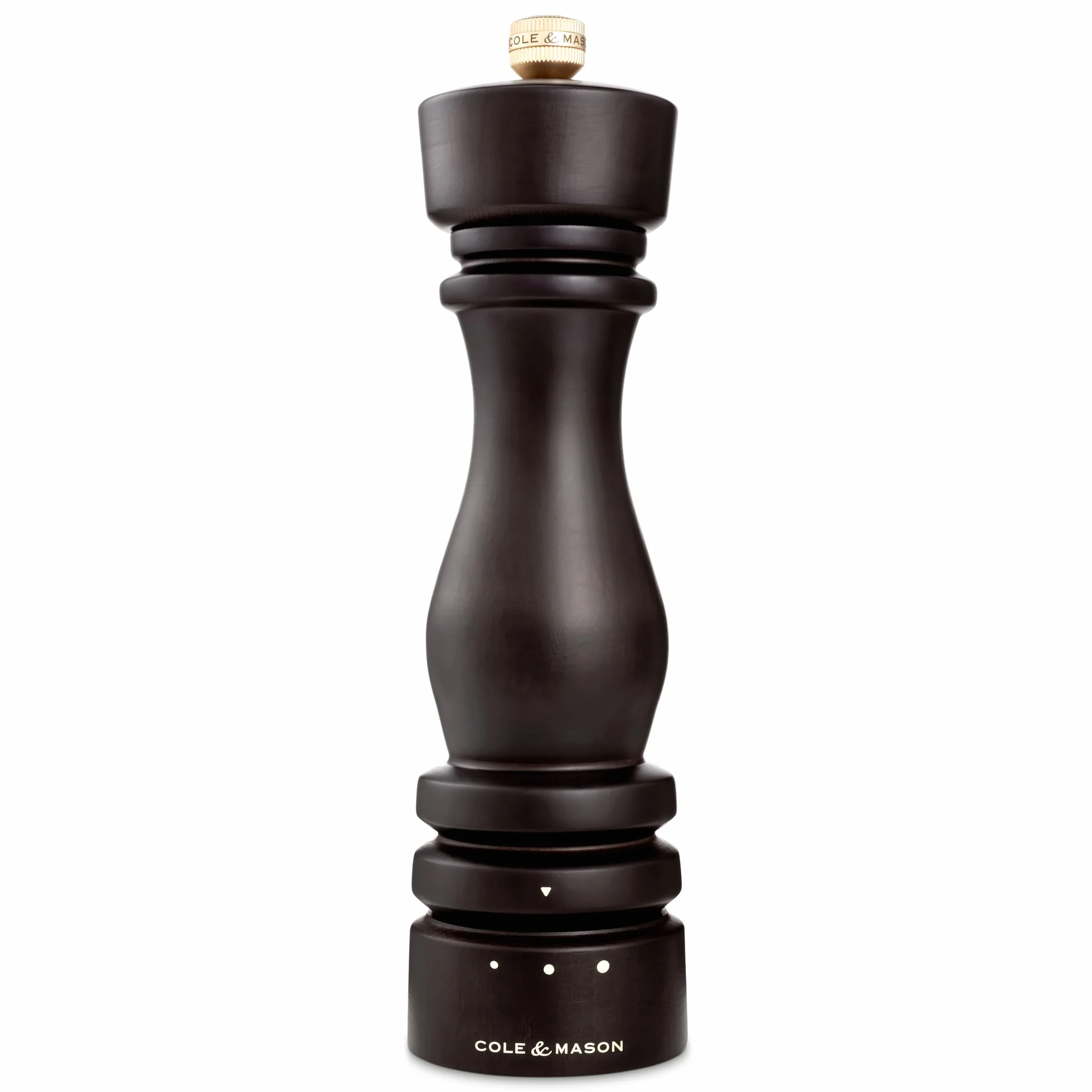Cole & Mason London Molinillo de Sal, Mecanismo de Cerámica, 3 Grados de Molienda Ajustable, Madera de Haya Chocolate, Molinillo de Especias Recargable, Manual, 22 cm