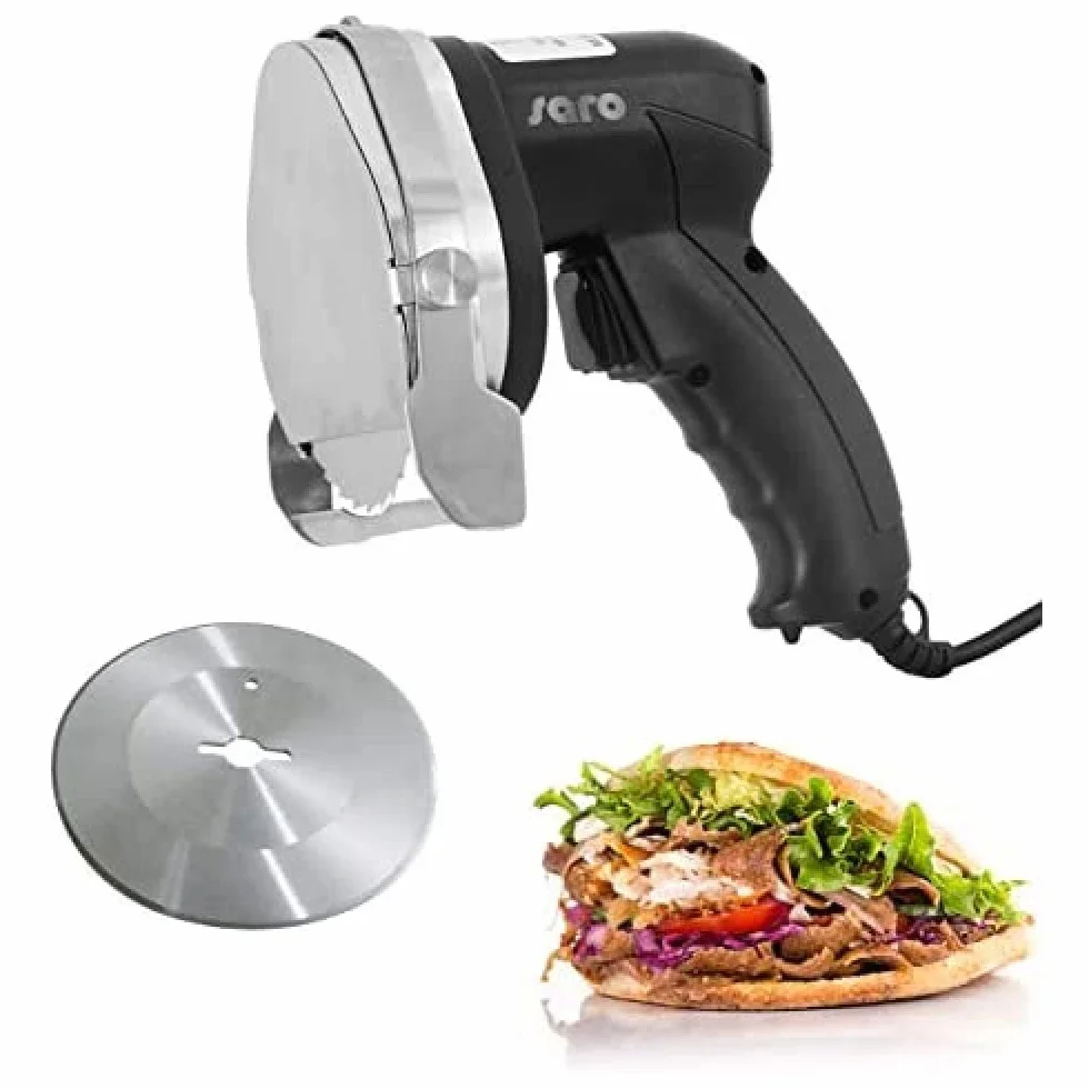 SARO ED 100 Cuchillo eléctrico para kebab, 100 mm Ø, con 2 cuchillas (lisa y dentada), grosor de corte de 0-8 mm, cable de 2,85 m