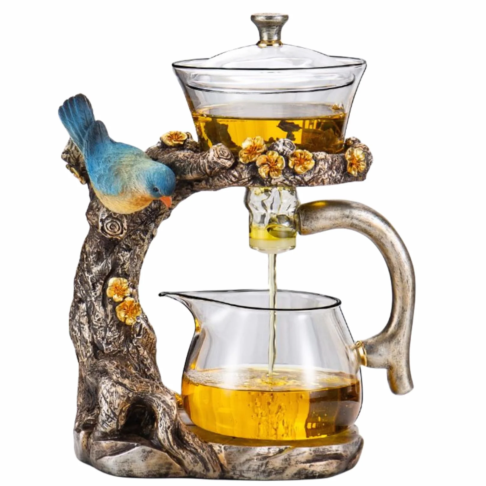 Juego de tetera de cristal con diseño de pájaro de animales, cuenco giratorio semiautomático con infusor Lazy Kungfu juego de tetera (tetera)