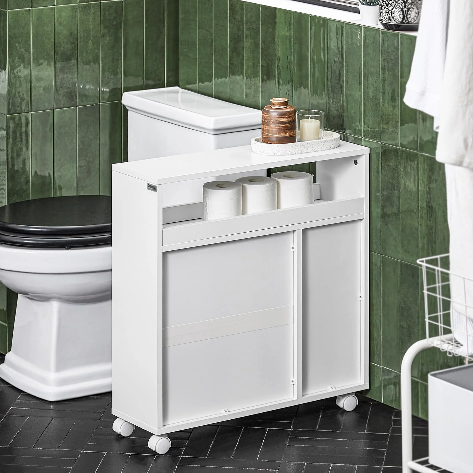 SoBuy Mueble de Baño Estrecho con Ruedas y Estantes Ajustables 20x70x65 cm | Armario Móvil Multifunciona, Almacenaje para Papel Higiénico – Mueble Auxiliar de Baño de Madera, Blanco, BZR119-W