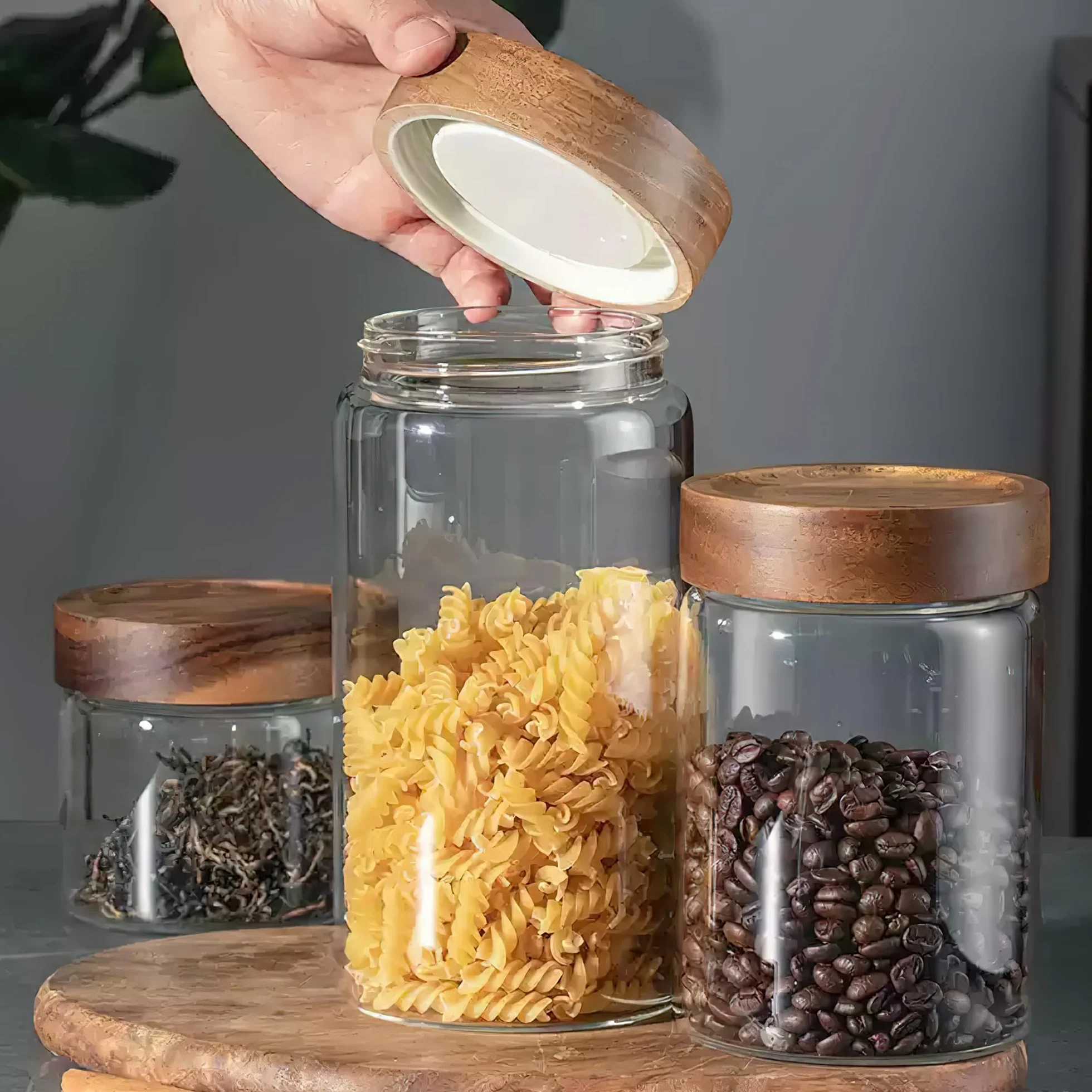 Juego de 3 tarros de almacenamiento con tapa, herméticos, 1500 ml, grandes, con tapa de madera en espiral, para cereales, té, granos de café, pasta, pasta, harina, ova overnight oat