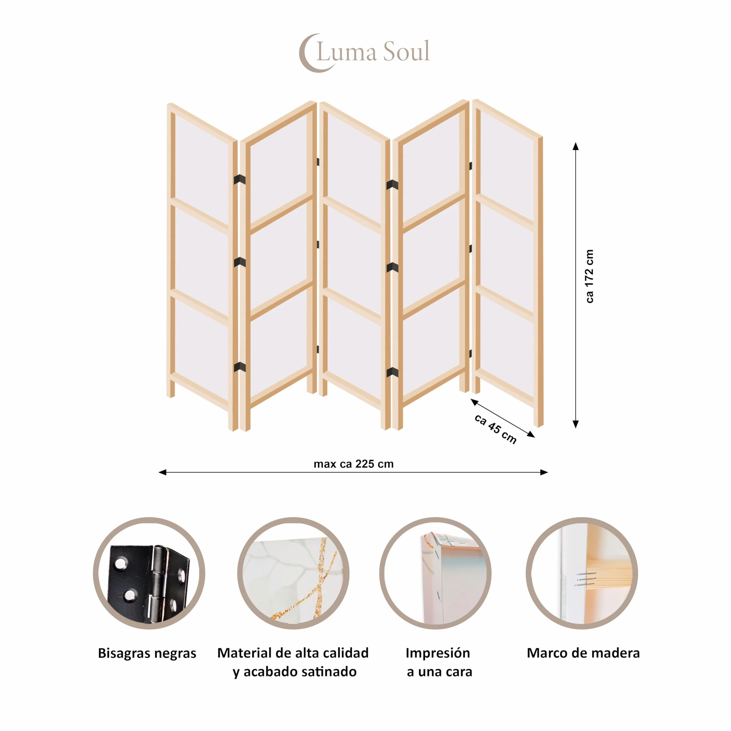 Biombo Separador de Ambientes Unilateral - en Estilo Japonés - Biombos Separadores de 5 Paneles - Biombos Decorativos para Divisor Ambientes - sin Motivo - 225x172cm