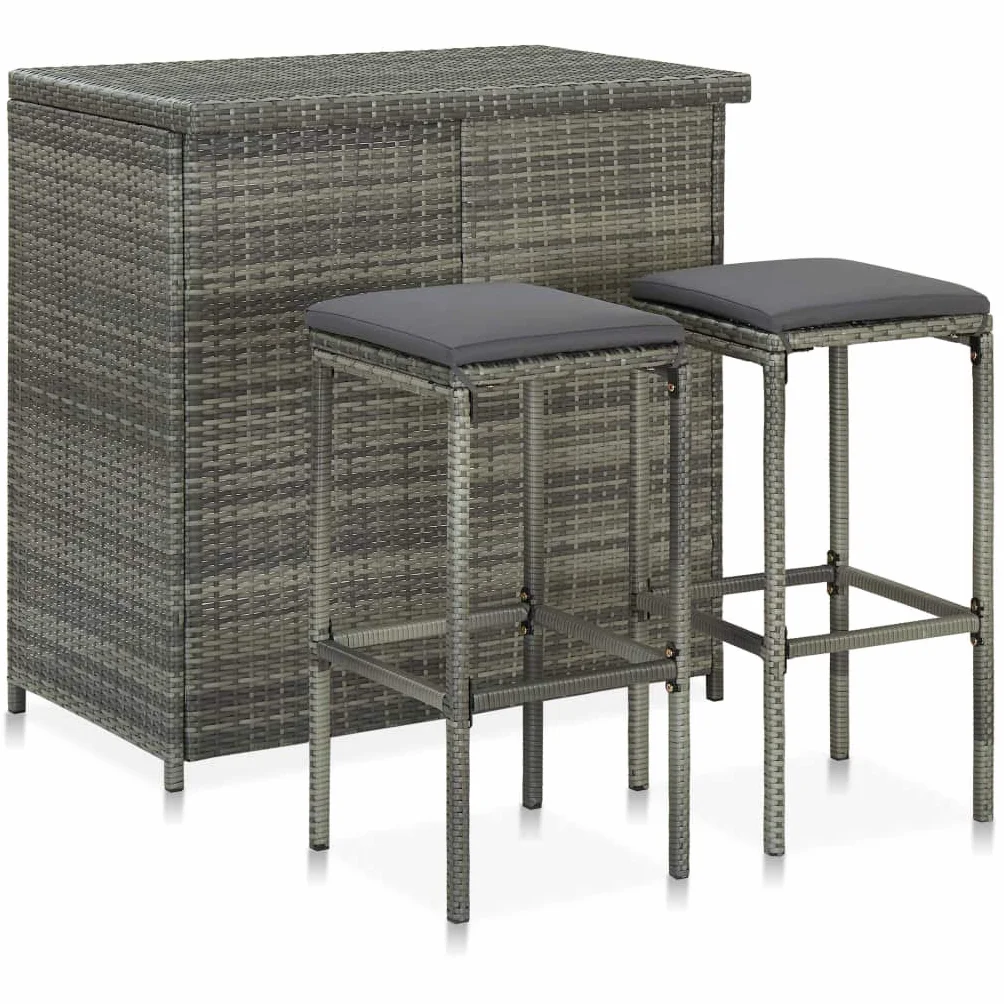 Juego de 3 piezas de bar de poliratán gris, con marco de acero, mesa de bar de 102 x 60 x 105 cm, 2 taburetes de bar, cojines de asiento, resistentes a la intemperie, ahorro de espacio, para