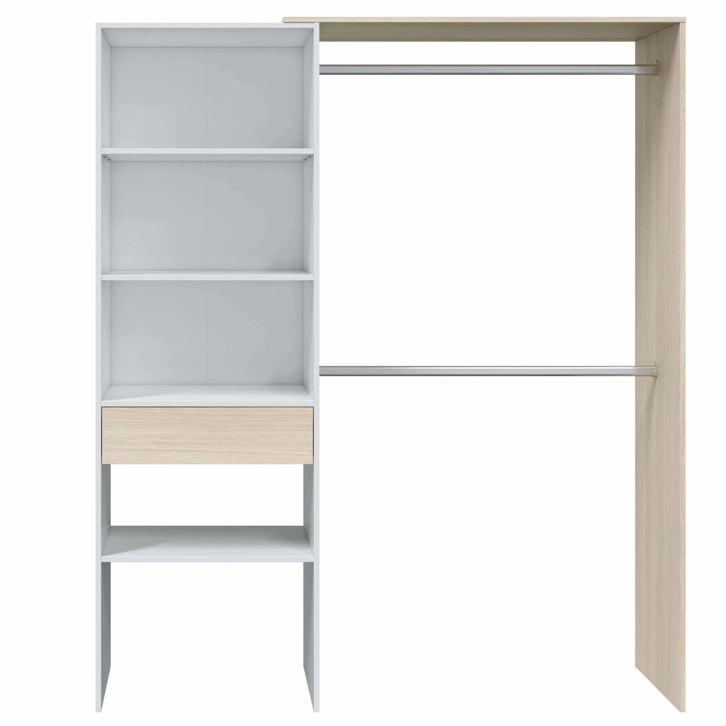 Habitdesign Armario Vestidor, Armario 2 Barras 4 Estantes 1 Cajón, 187x158x40 (AltoxAnchoxFondo - en cm), Vestidor Reversible Color Blanco Artik y Roble