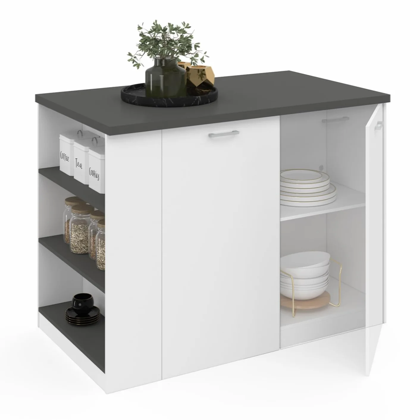 IDMarket – Ilot Central TIBO 120 cm, madera blanca con encimera gris antracita