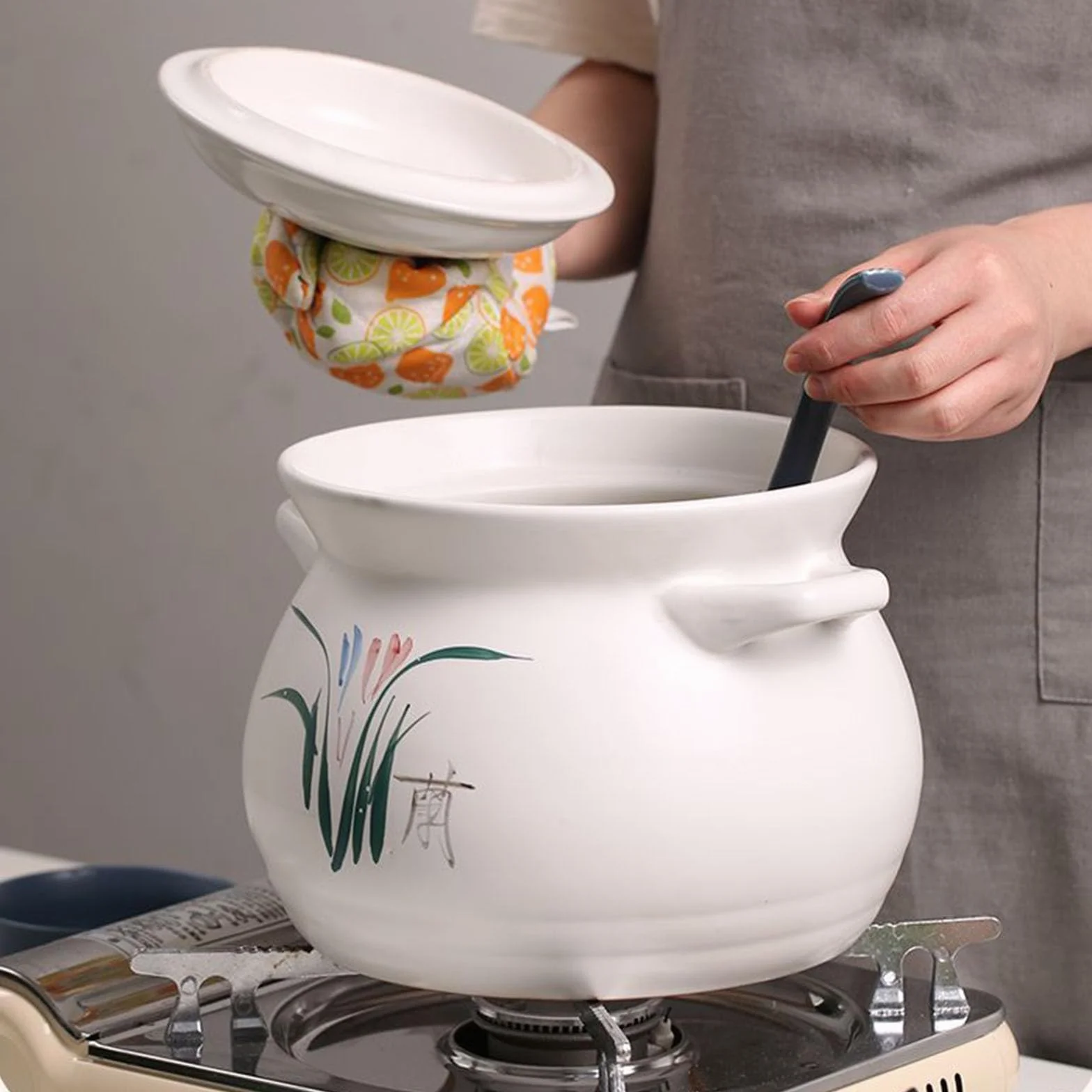 Olla de cerámica de barro con tapa para hacer guisos, gachas, sopa, 6,2 l
