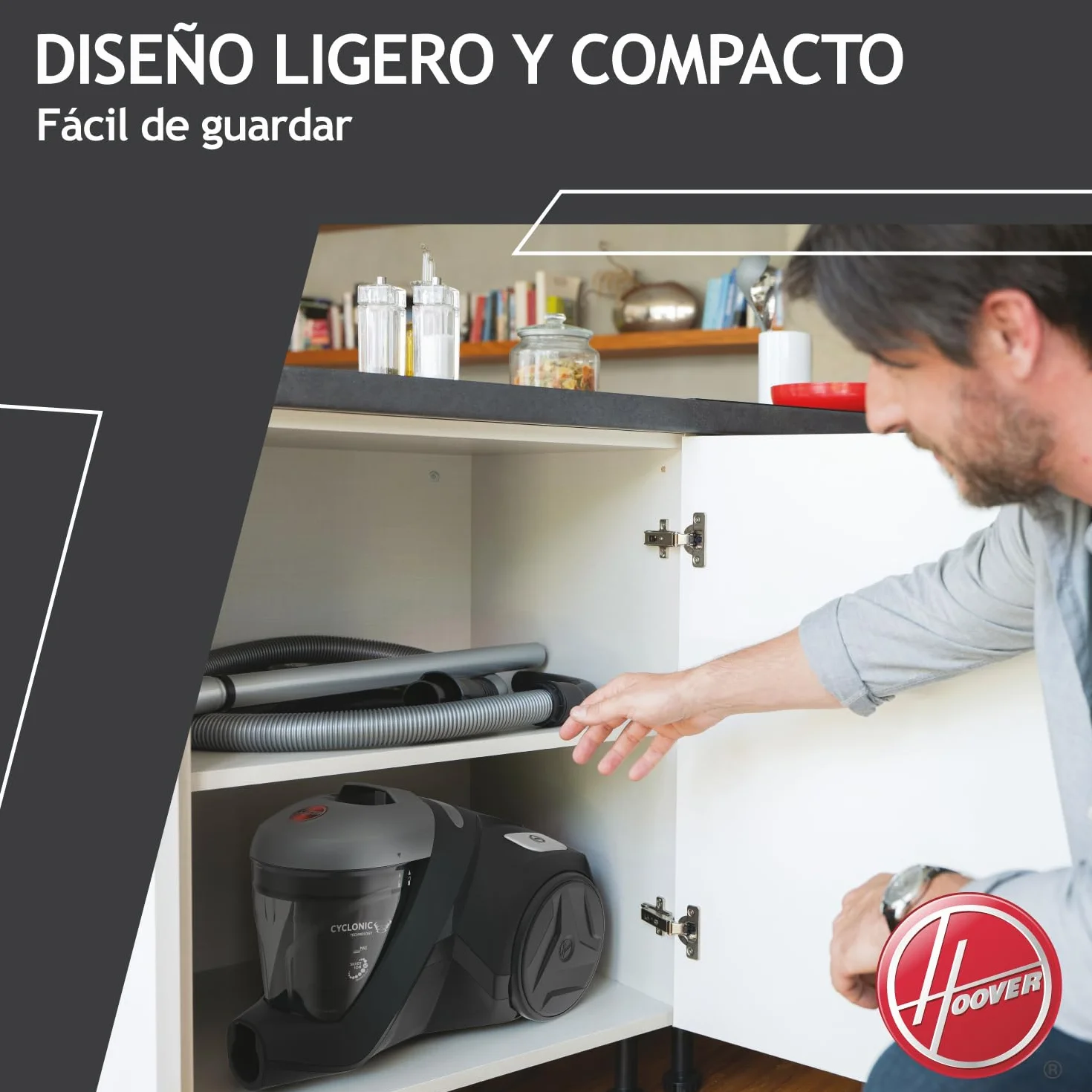 Hoover 39002259 H-Power 300 HP320PET, Aspiradora sin Bolsa Trineo, Tobera Turbo Pelo Mascotas y Tapicería, Compacta, Ciclónico, Selfdust Clean, 850W, Filtro Epa, 75dba, Cable 7 m, Negro, Depósito 2 l