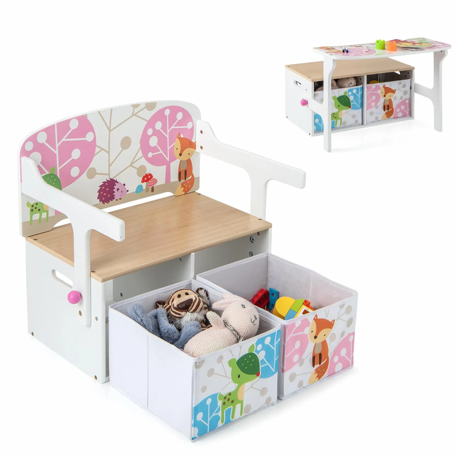 LIFEZEAL Banco Infantil de Almacenaje 3 en 1 con 2 Cajones, Caja de Juguete de Madera, Juego de Mesa y Taburete para Niños de 3 a 7 años, Organizador con Cestos Textiles de Almacenaje (Blanco)