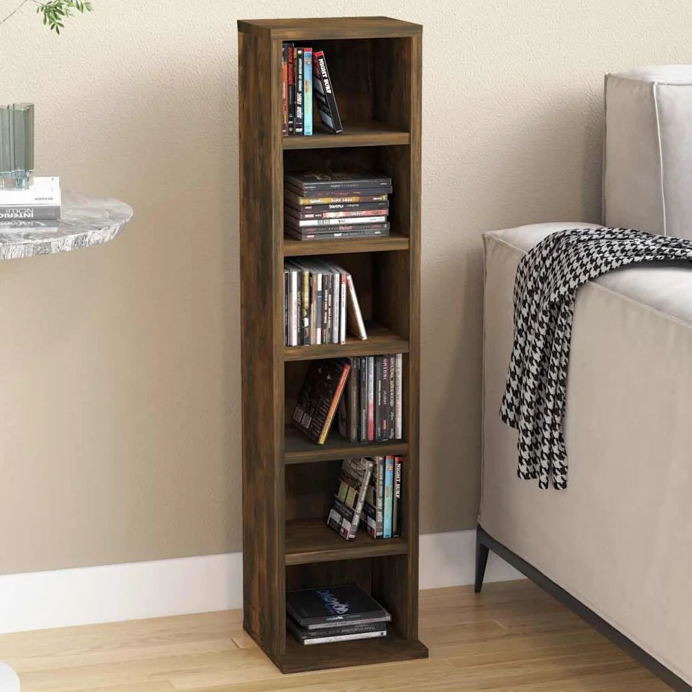 Estantería para CD, roble ahumado, 21 x 20 x 88 cm, de material de madera, espacioso armario de CD para guardar tu colección de música, versátil como estantería o armario de almacenamiento
