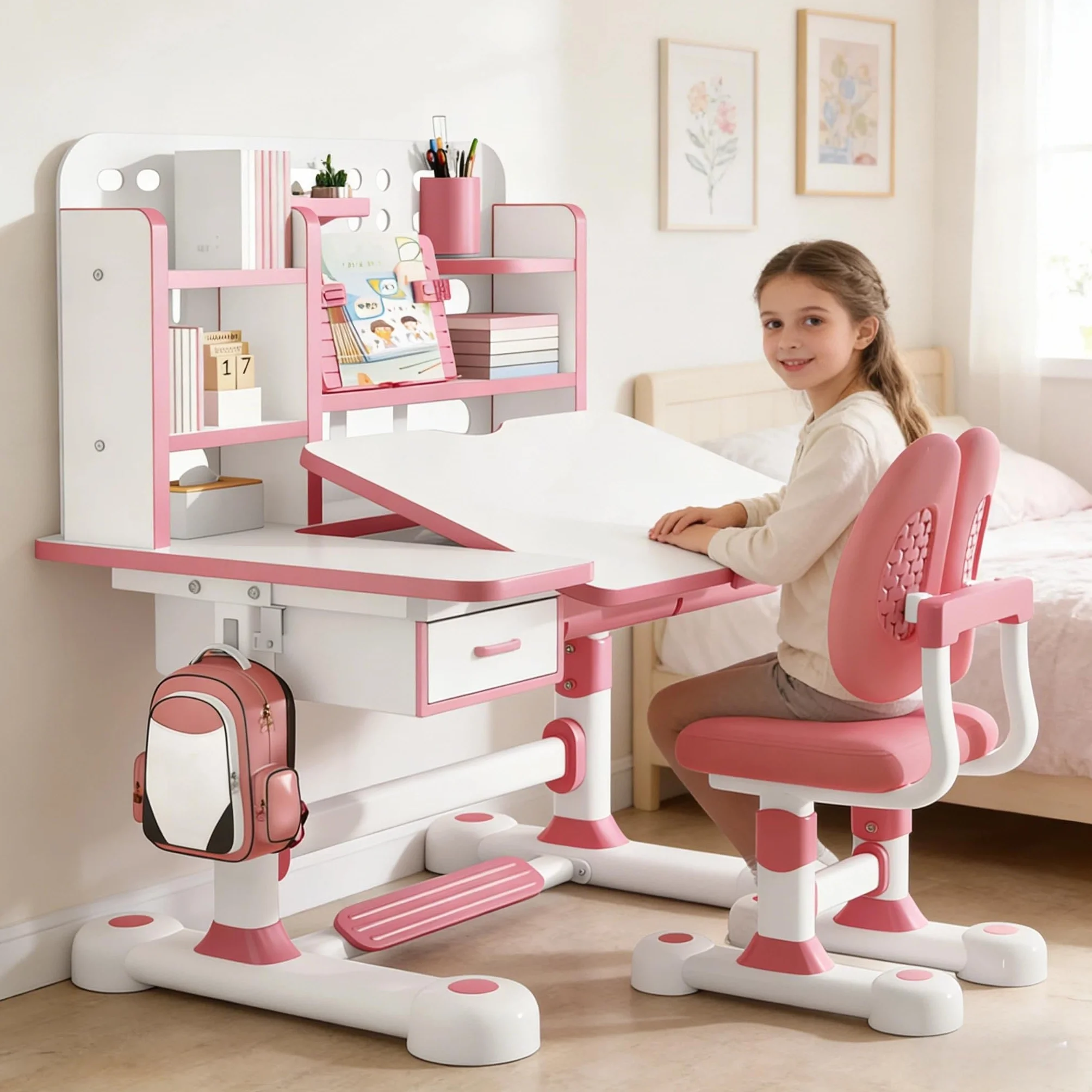 Juego de escritorio y silla de estudio para niños, altura ajustable, silla de mesa de estudio para niños, escritorio escolar con mesa ampliada inclinable, cajones de almacenamiento grandes, estantería