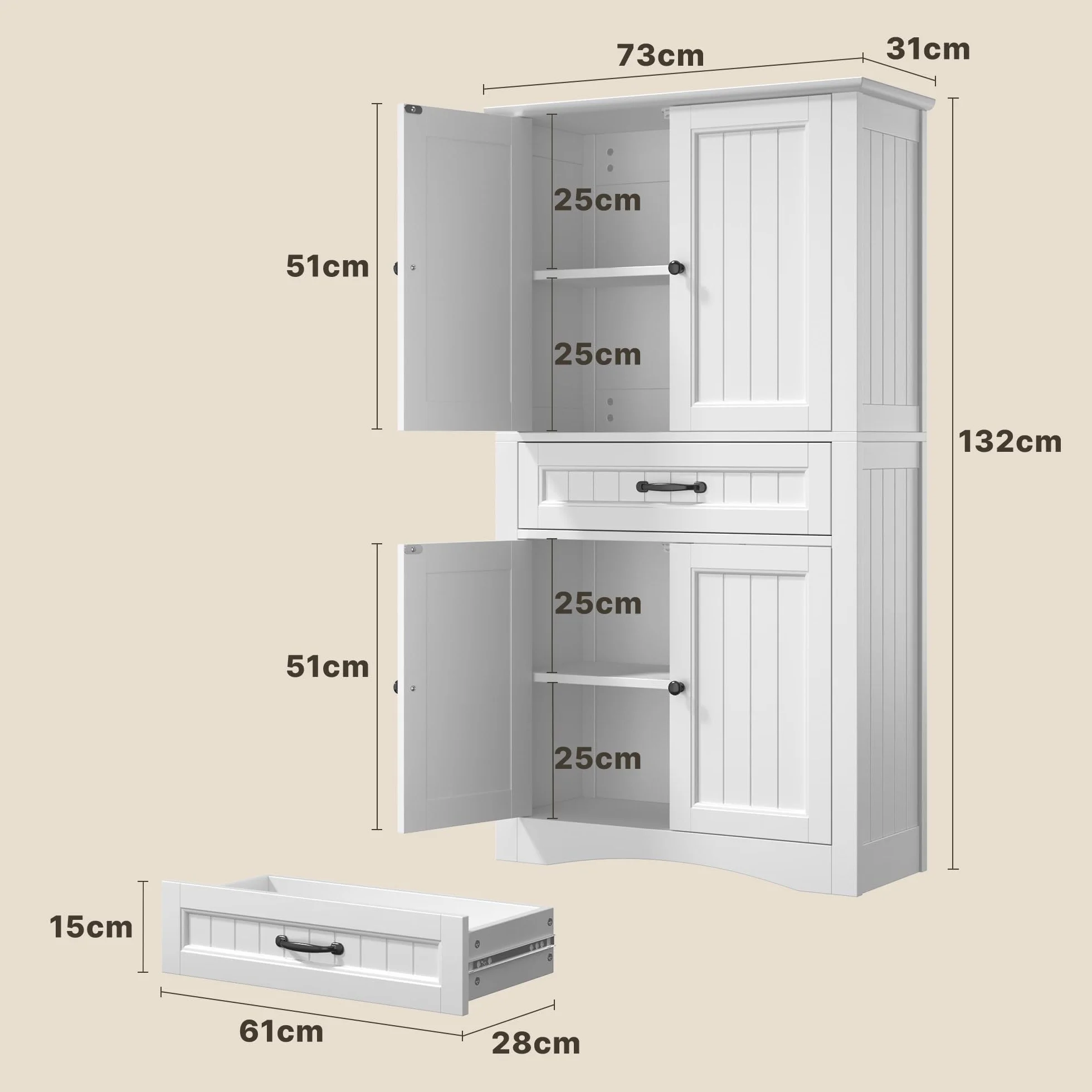 Xbro Mueble de Baño Alto con 2 Puertas y 1 Cajón, Armario Auxiliar con Baldas Ajustables, para Baño, Cocina, Salón o Despacho, 73 x 31 x 132 cm, Blanco