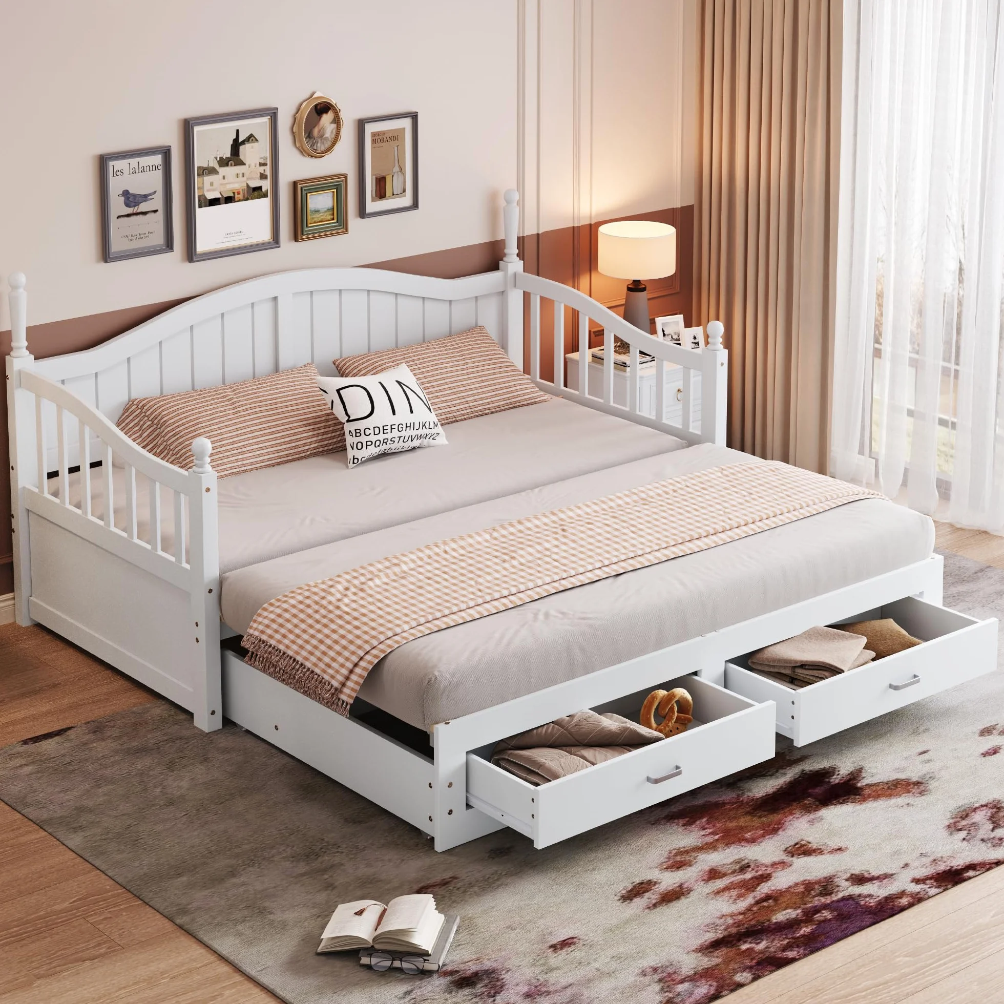 Kebnor Sofá cama extensible de madera maciza 90/180 x 190 cm, con columnas romanas, con respaldo y reposabrazos curvados, con cajones y somier (blanco)