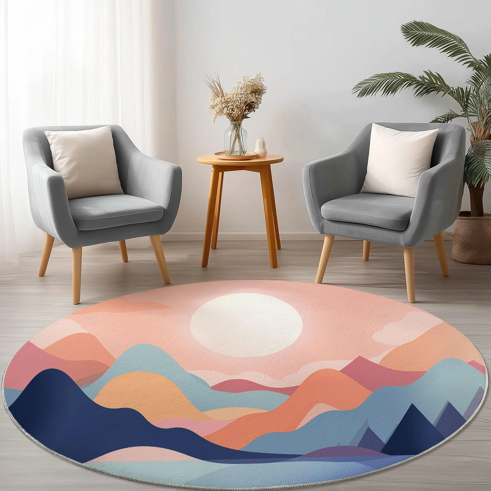 Alfombra Redonda 120 cm, Estampada Simple Paisaje Natural Abstracto, Durazno Suave esponjosa de Pelo Corto con Respaldo Antideslizante, Alfombra Lavable para Sala de Estar Cocina Dormitorio