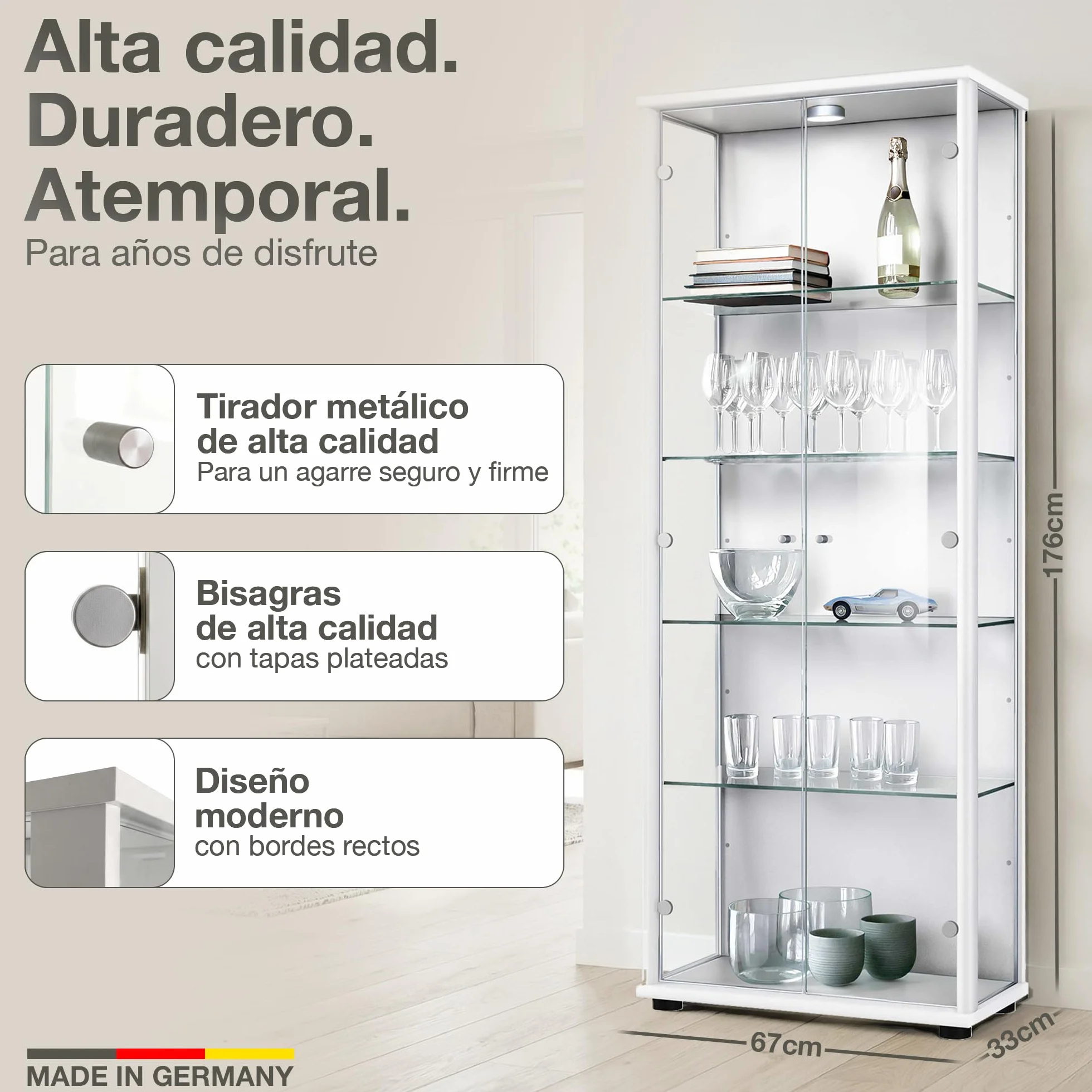 Vitrina de Cristal Blanca (176x67x33 cm) con 4 estantes de Cristal Regulables en Altura & LED - Vitrina Blanca Modelo Coche - Vitrina de colección