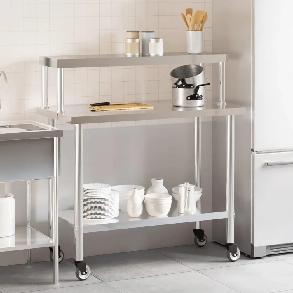 Mesa de trabajo de cocina con estante superior de acero inoxidable, 110 x 55 x 120 cm, con 4 ruedas, estante inferior, ideal para suministros de gastronomía, gastronomía, restaurante, catering