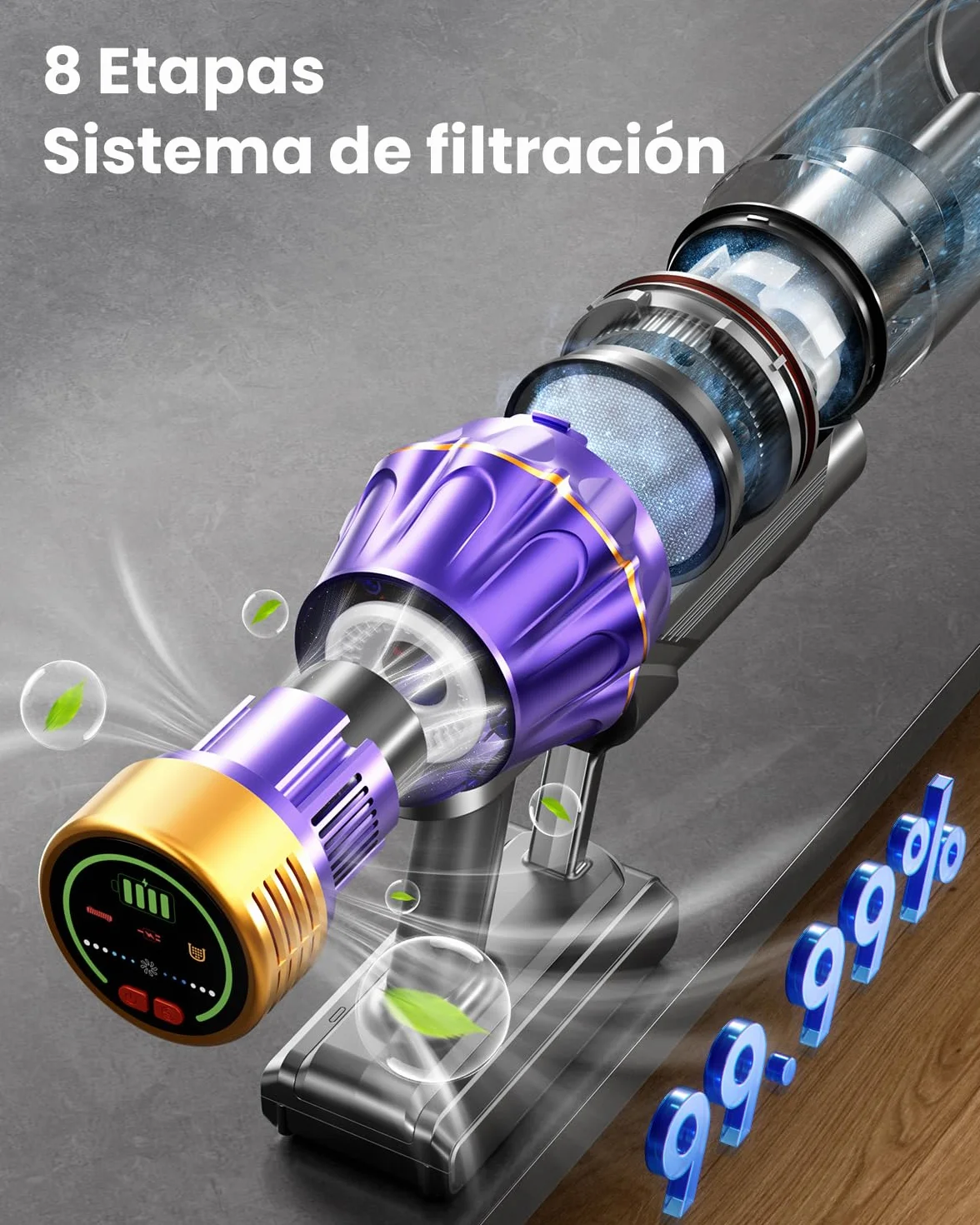 Aspiradora sin Cable 55Kpa 650W 70Mins 1.8L Filtración 8 Etapas Autoportante para Pelo de Mascotas