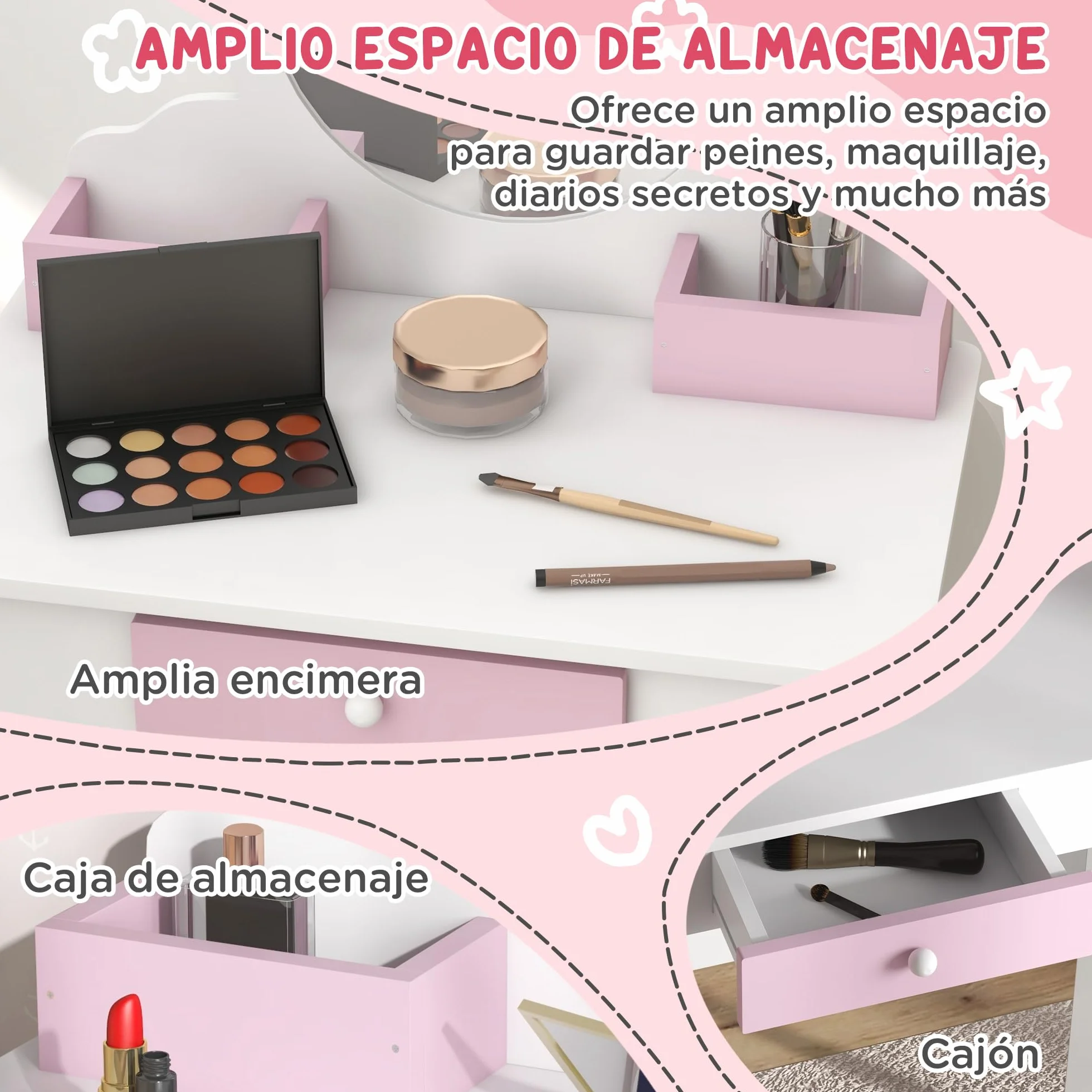 Tocador Infantil con Taburete y Espejo, Diseño Unicornio, Mesa de Maquillaje para Niñas 3-6 Años, Blanco