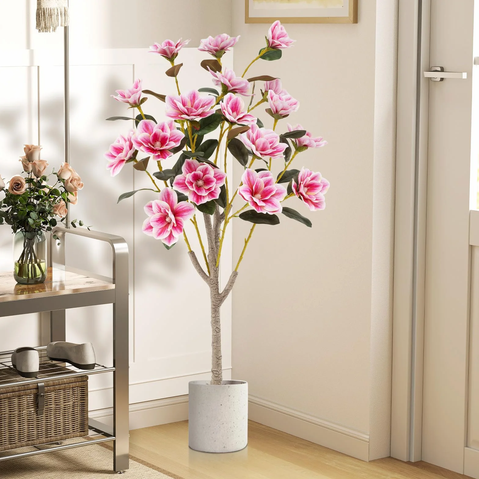 GIANTEX Árbol de Magnolia Artificial 130 cm, Planta Falsa en Maceta con Troncos de Múltiples Ramas y Hojas de PEVA, Flores Sintéticos Rosas, Planta Decorativa para Entrada, Salón, Oficina