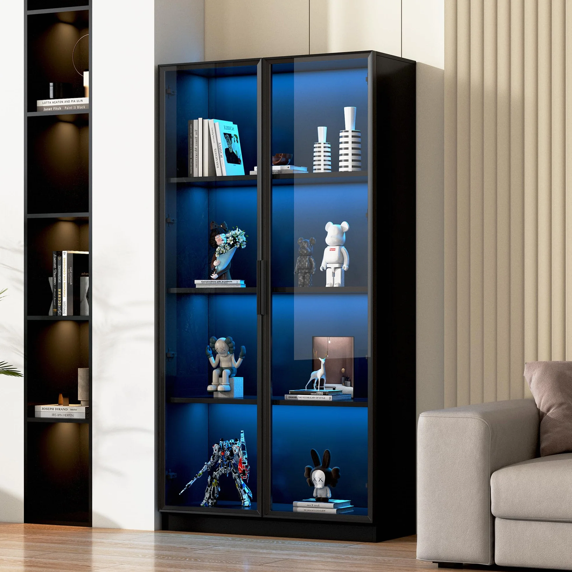 Kebnor Vitrina de cristal con aplicación de iluminación LED, vitrina de doble puerta con estantes móviles, 80 x 40 x 160 cm, armario alto para salón, vitrina de pie, armario de baño