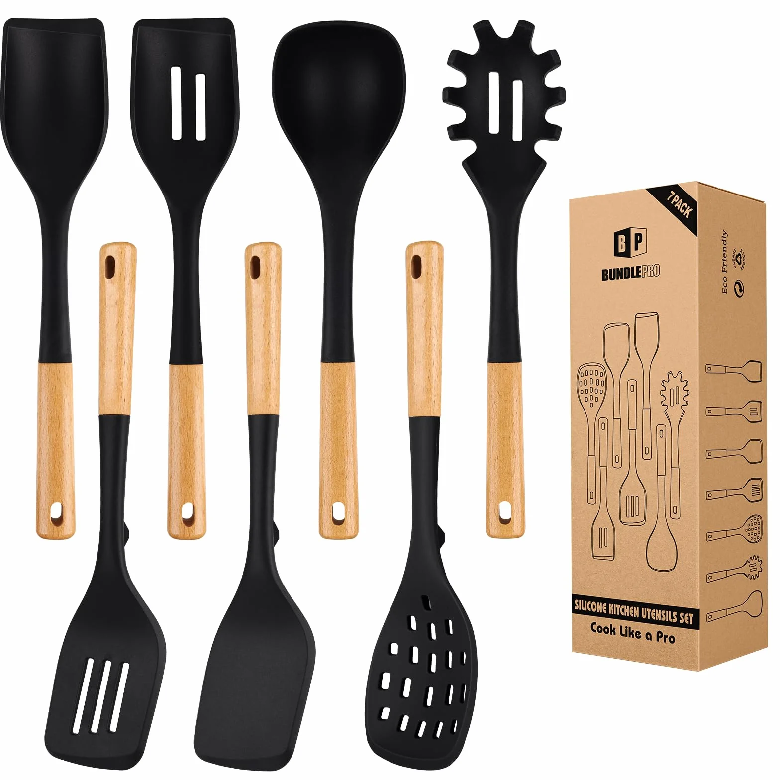 Juego de utensilios de cocina de silicona para utensilios de cocina no pegajosos, 7 piezas de utensilios de cocina resistentes al calor con mango de madera, utensilios de cocina sin BPA con espátulas