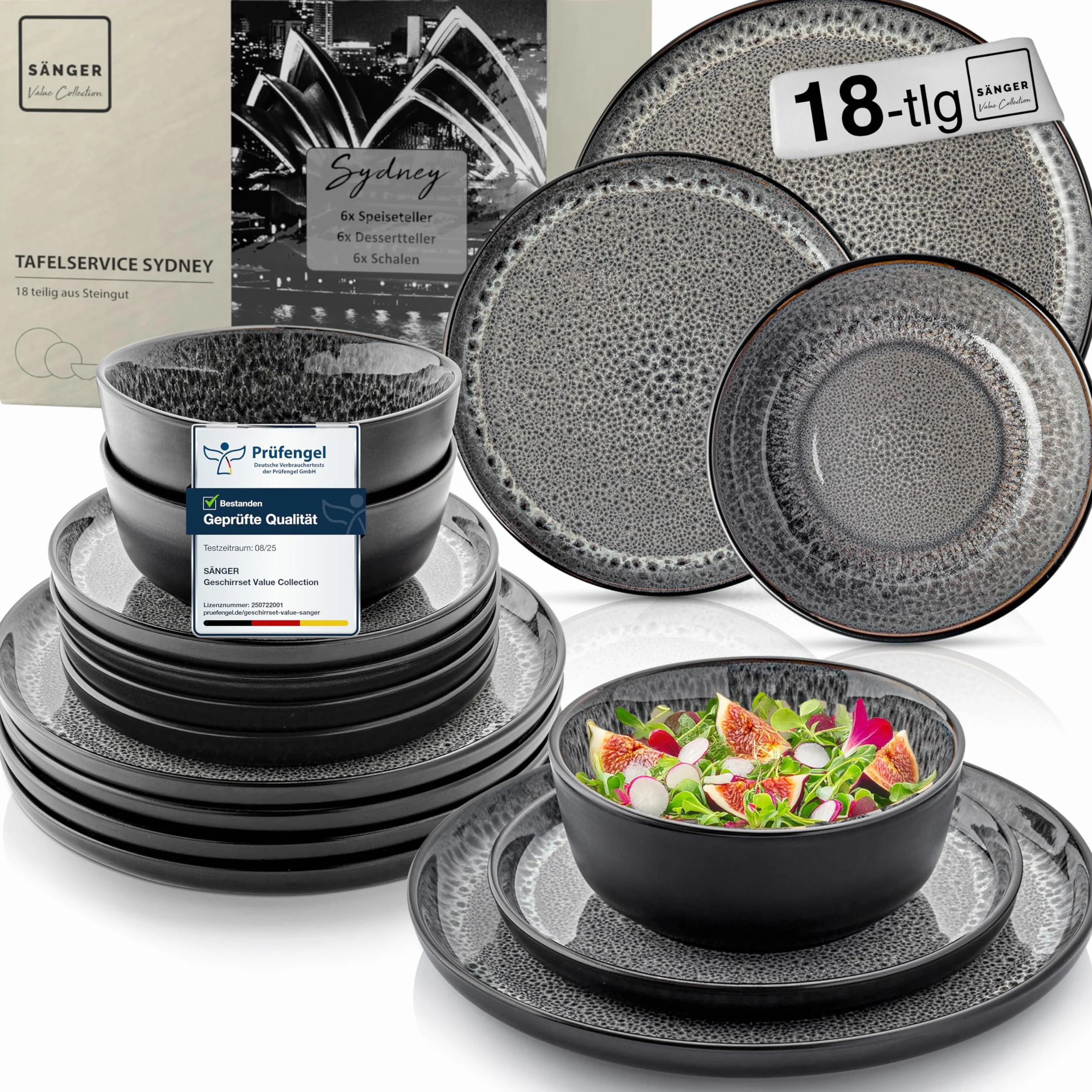 SÄNGER Sydney - Vajilla de loza para 6 personas, 6 platos planos, 6 cuencos para cereales, 6 platos de postre, juego de mesa gris oscuro resistente a los arañazos, value Collection