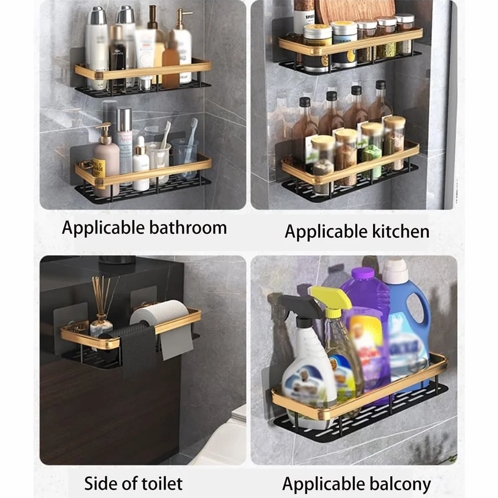 Cesta de ducha Estante de baño Cesta de ducha, Adhesivo de ventosa sin perforaciones en la pared, Soporte de champú para inodoro de aluminio dorado negro, Estante organizador de cocina Almacenamiento